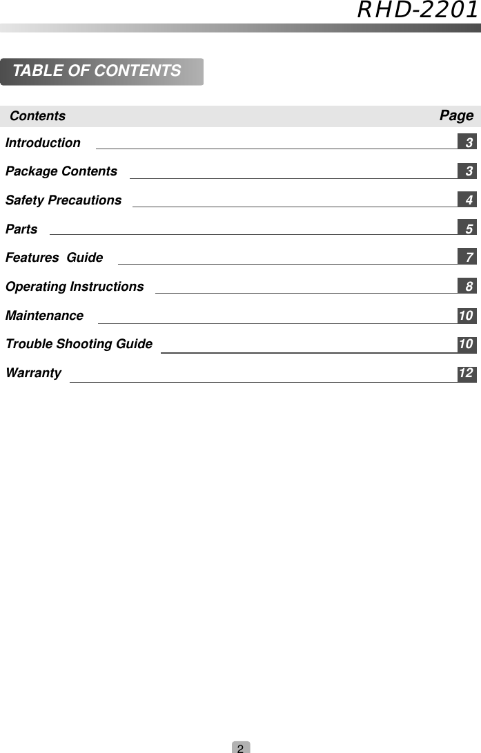 Page 2 of 12 - Royal-Sovereign Royal-Sovereign-Rhd-2201-Users-Manual- RHD-2201 Manual(US)  Royal-sovereign-rhd-2201-users-manual