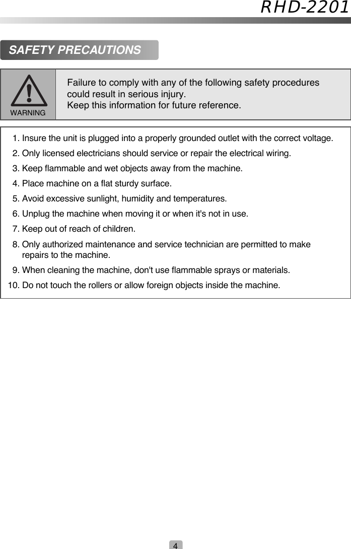 Page 4 of 12 - Royal-Sovereign Royal-Sovereign-Rhd-2201-Users-Manual- RHD-2201 Manual(US)  Royal-sovereign-rhd-2201-users-manual