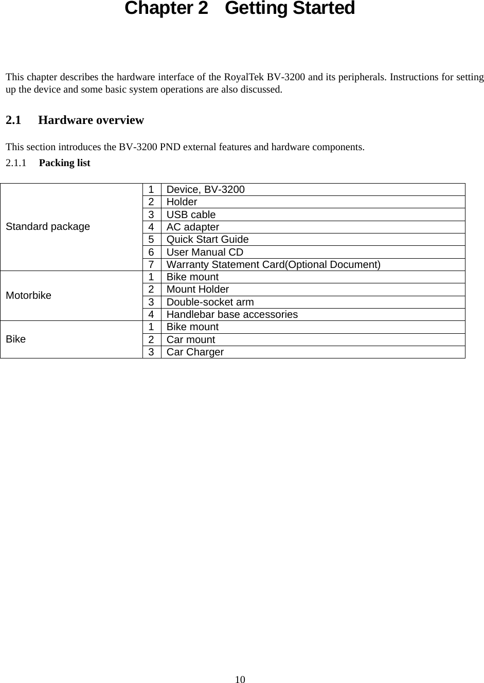  10 Chapter 2  Getting Started This chapter describes the hardware interface of the RoyalTek BV-3200 and its peripherals. Instructions for setting up the device and some basic system operations are also discussed.  2.1 Hardware overview  This section introduces the BV-3200 PND external features and hardware components. 2.1.1 Packing list  1 Device, BV-3200 2 Holder 3 USB cable 4 AC adapter 5  Quick Start Guide 6 User Manual CD Standard package 7  Warranty Statement Card(Optional Document) 1 Bike mount 2 Mount Holder 3 Double-socket arm Motorbike 4 Handlebar base accessories 1 Bike mount 2 Car mount Bike 3 Car Charger                                                                                                                             MODIFICATIONS  TO  THIS  EQUIPMENT.    SUCH  MODIFICATIONS  COULD  VOID  THE  USERS  AUTHORITY  TO  OPERATE  THE                                                                                                                                                                                                                                                                                                              EQUIPMENT.