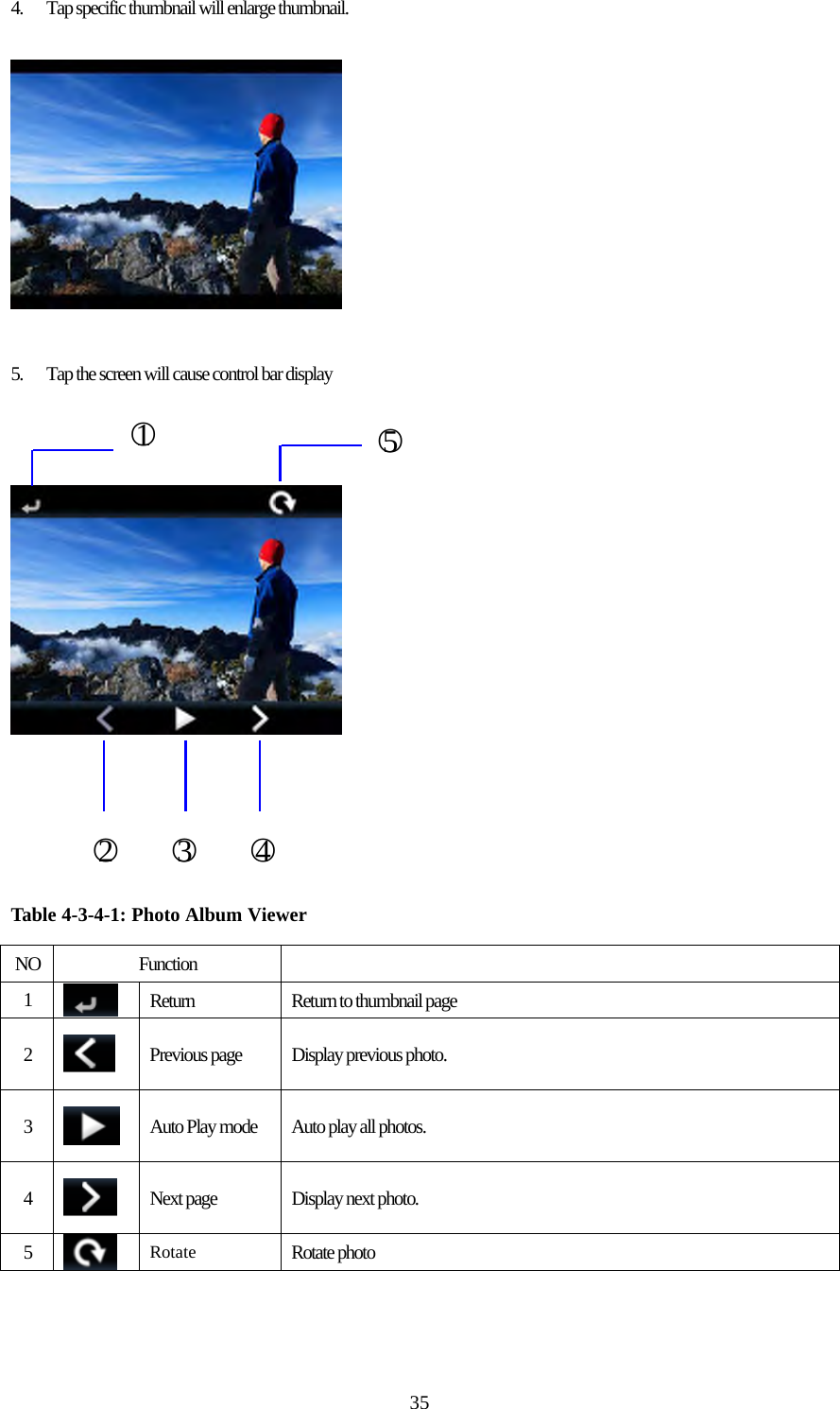  354. Tap specific thumbnail will enlarge thumbnail.    5. Tap the screen will cause control bar display           Table 4-3-4-1: Photo Album Viewer  NO Function   1   Return  Return to thumbnail page 2   Previous page  Display previous photo. 3   Auto Play mode  Auto play all photos. 4   Next page  Display next photo. 5   Rotate Rotate photo  ○1 ○5○2   ○3   ○4 