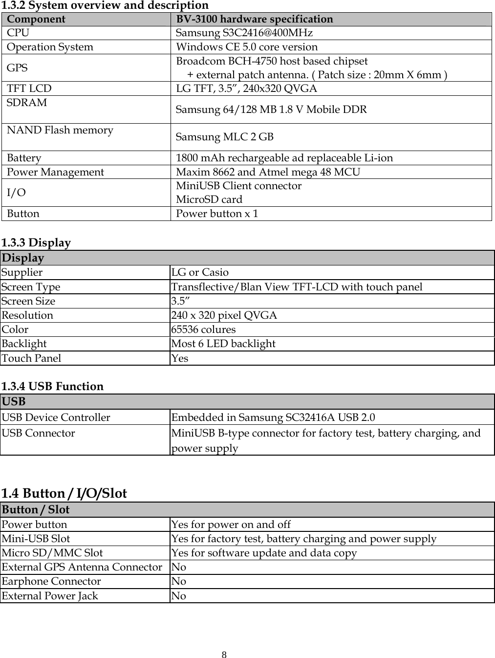  8 1.3.2 System overview and description Component BV-3100 hardware specification CPU Samsung S3C2416@400MHz Operation System  Windows CE 5.0 core version GPS  Broadcom BCH-4750 host based chipset + external patch antenna. ( Patch size : 20mm X 6mm ) TFT LCD  LG TFT, 3.5&rdquo;, 240x320 QVGA SDRAM  Samsung 64/128 MB 1.8 V Mobile DDR     NAND Flash memory  Samsung MLC 2 GB   Battery  1800 mAh rechargeable ad replaceable Li-ion   Power Management    Maxim 8662 and Atmel mega 48 MCU I/O  MiniUSB Client connector   MicroSD card   Button  Power button x 1  1.3.3 Display Display Supplier  LG or Casio Screen Type  Transflective/Blan View TFT-LCD with touch panel Screen Size  3.5&rdquo;   Resolution  240 x 320 pixel QVGA Color 65536 colures  Backlight  Most 6 LED backlight Touch Panel  Yes  1.3.4 USB Function USB USB Device Controller  Embedded in Samsung SC32416A USB 2.0 USB Connector  MiniUSB B-type connector for factory test, battery charging, and power supply   1.4 Button / I/O/Slot Button / Slot Power button  Yes for power on and off Mini-USB Slot  Yes for factory test, battery charging and power supply Micro SD/MMC Slot  Yes for software update and data copy External GPS Antenna Connector  No Earphone Connector  No External Power Jack  No  