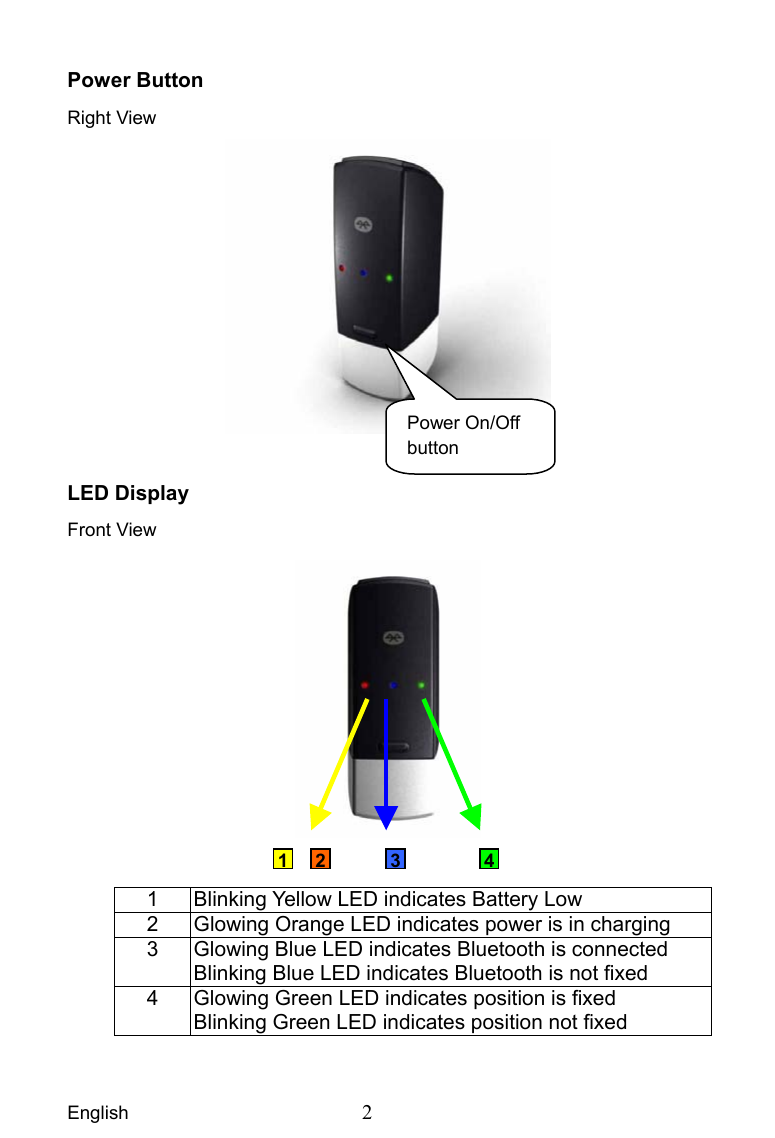  English  2  Power Button Right View   LED Display   Front View   1  Blinking Yellow LED indicates Battery Low   2  Glowing Orange LED indicates power is in charging 3  Glowing Blue LED indicates Bluetooth is connected Blinking Blue LED indicates Bluetooth is not fixed 4  Glowing Green LED indicates position is fixed Blinking Green LED indicates position not fixed  Power On/Off button 1 2 43