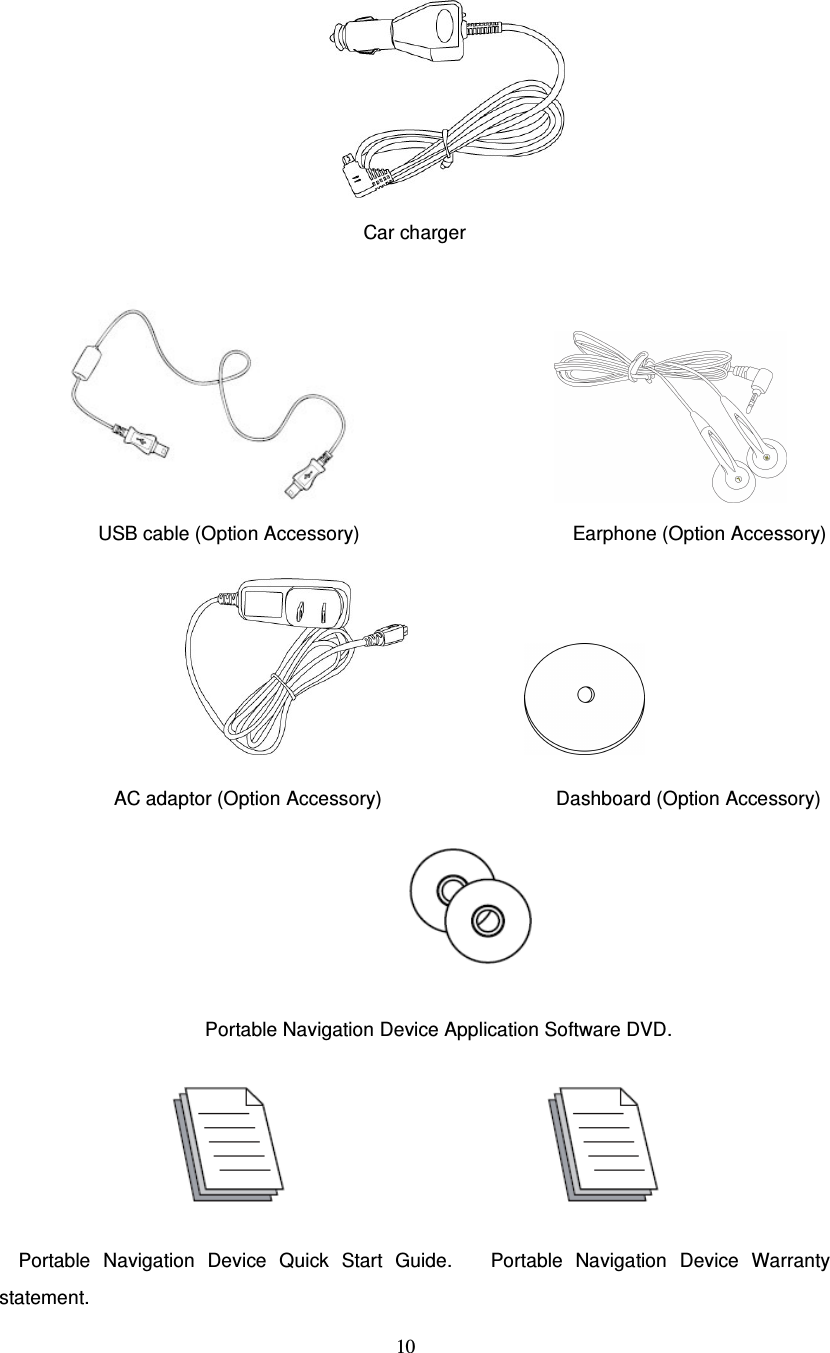  10   Car charger                  USB cable (Option Accessory)                                            Earphone (Option Accessory)            AC adaptor (Option Accessory)                                    Dashboard (Option Accessory)                                    Portable Navigation Device Application Software DVD.                          Portable  Navigation  Device  Quick  Start  Guide.      Portable  Navigation  Device  Warranty statement. 
