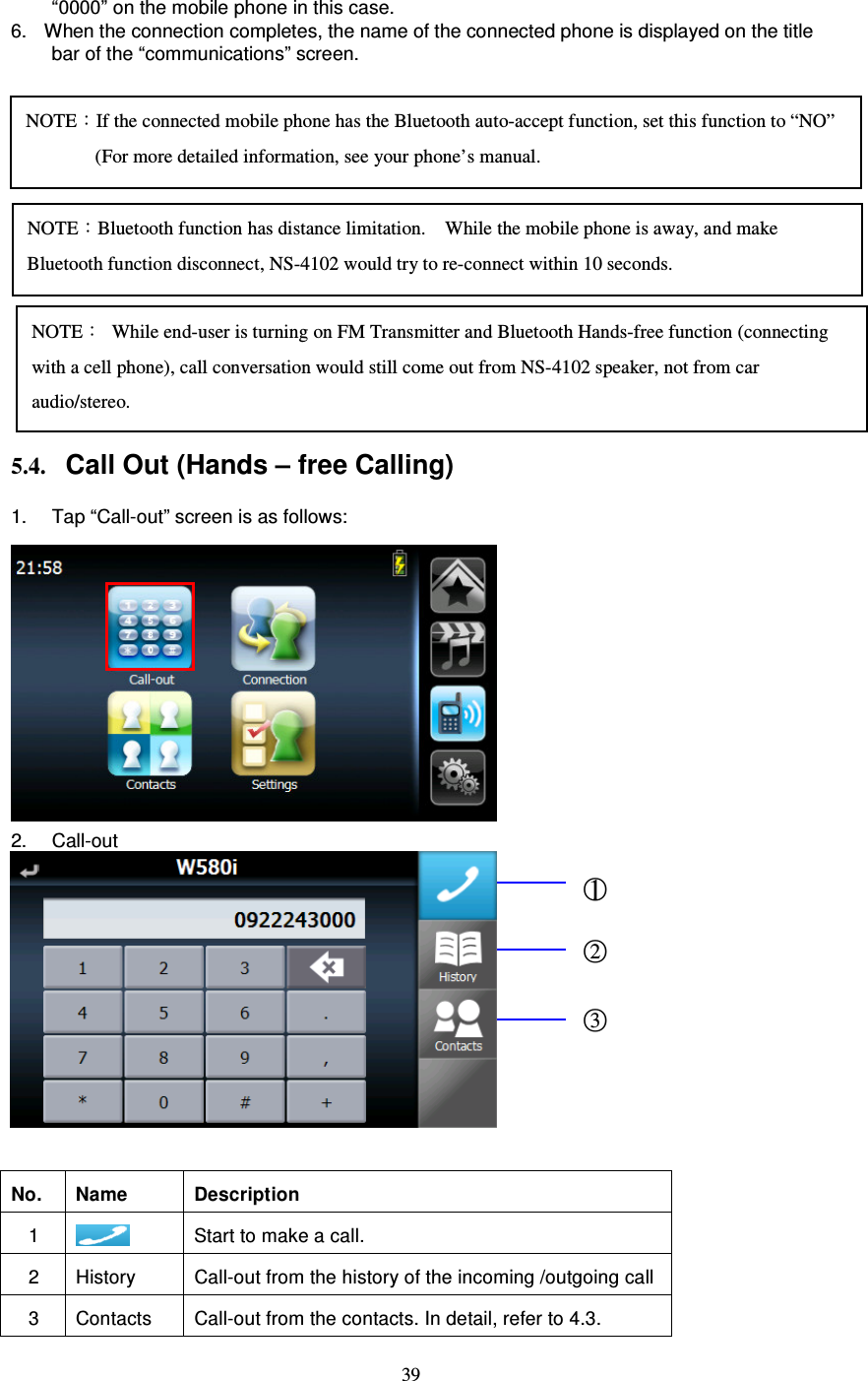  39 “0000” on the mobile phone in this case. 6.  When the connection completes, the name of the connected phone is displayed on the title bar of the “communications” screen.             5.4. Call Out (Hands – free Calling)  1.  Tap “Call-out” screen is as follows:              2.  Call-out              No.  Name  Description 1   Start to make a call. 2  History  Call-out from the history of the incoming /outgoing call 3  Contacts  Call-out from the contacts. In detail, refer to 4.3. NOTE：If the connected mobile phone has the Bluetooth auto-accept function, set this function to “NO”  (For more detailed information, see your phone’s manual. ○1 ○2 ○3 NOTE：Bluetooth function has distance limitation.    While the mobile phone is away, and make Bluetooth function disconnect, NS-4102 would try to re-connect within 10 seconds. NOTE：  While end-user is turning on FM Transmitter and Bluetooth Hands-free function (connecting with a cell phone), call conversation would still come out from NS-4102 speaker, not from car audio/stereo. 
