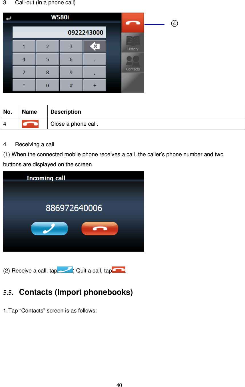  40   3.  Call-out (in a phone call)               No.  Name  Description 4   Close a phone call.  4.  Receiving a call (1) When the connected mobile phone receives a call, the caller’s phone number and two buttons are displayed on the screen.   (2) Receive a call, tap ; Quit a call, tap .  5.5. Contacts (Import phonebooks)  1. Tap “Contacts” screen is as follows: ○4 