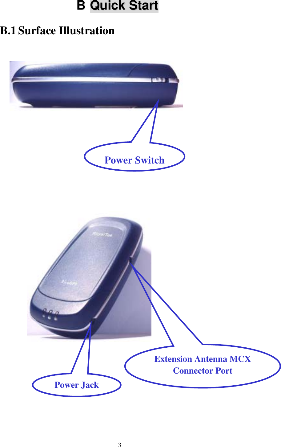  BB  QQuuiicckk  SSttaarrtt  B.1 Surface Illustration  Power Switch           Power Jack Extension Antenna MCX Connector Port    3 