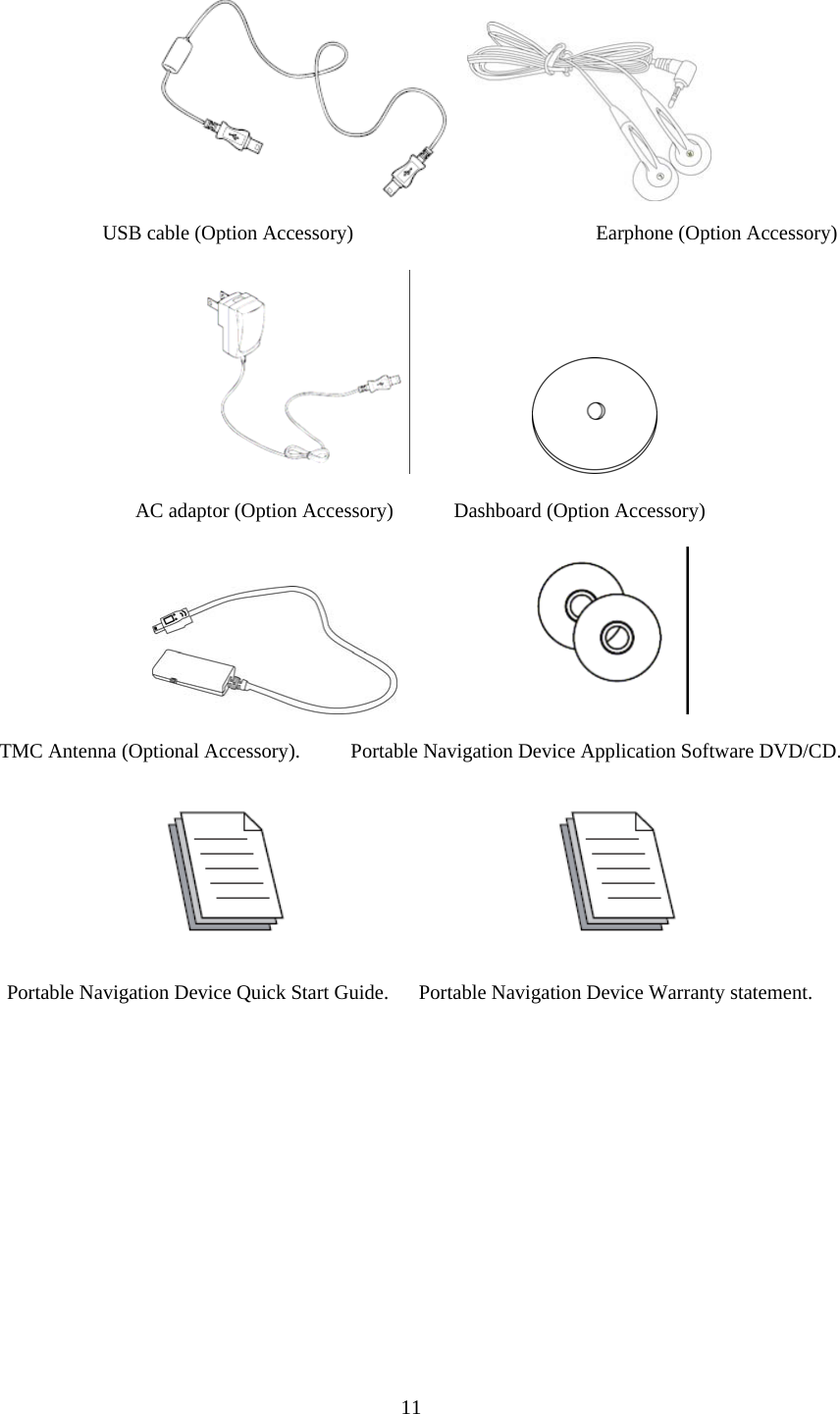  11 USB cable (Option Accessory)                        Earphone (Option Accessory)            AC adaptor (Option Accessory)      Dashboard (Option Accessory)               TMC Antenna (Optional Accessory).     Portable Navigation Device Application Software DVD/CD.                          Portable Navigation Device Quick Start Guide.      Portable Navigation Device Warranty statement.   
