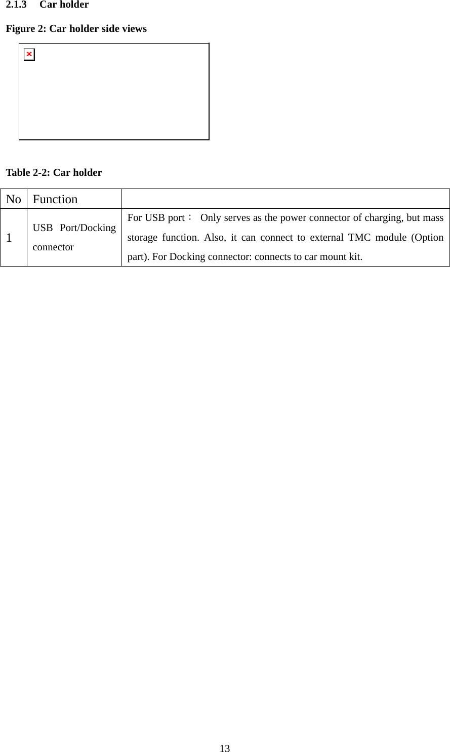  132.1.3 Car holder  Figure 2: Car holder side views      Table 2-2: Car holder    No Function   1 USB Port/Docking connector For USB port：  Only serves as the power connector of charging, but mass storage function. Also, it can connect to external TMC module (Option part). For Docking connector: connects to car mount kit.  