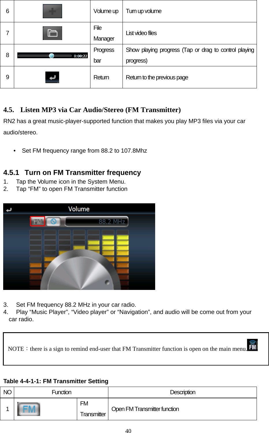  406   Volume up Turn up volume 7   File Manager  List video files 8  Progress bar Show playing progress (Tap or drag to control playing progress) 9   Return  Return to the previous page  4.5.  Listen MP3 via Car Audio/Stereo (FM Transmitter) RN2 has a great music-player-supported function that makes you play MP3 files via your car audio/stereo.   • Set FM frequency range from 88.2 to 107.8Mhz  4.5.1  Turn on FM Transmitter frequency 1. Tap the Volume icon in the System Menu. 2. Tap “FM” to open FM Transmitter function    3. Set FM frequency 88.2 MHz in your car radio. 4.  Play “Music Player”, “Video player” or “Navigation”, and audio will be come out from your car radio.     Table 4-4-1-1: FM Transmitter Setting NO Function  Description 1   FM Transmitter Open FM Transmitter function NOTE：there is a sign to remind end-user that FM Transmitter function is open on the main menu.  