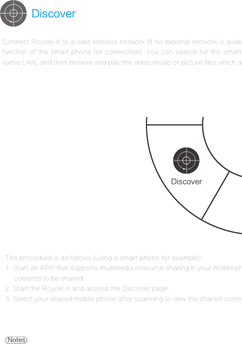 DiscoverDiscoverThe procedure is as follows (using a smart phone for example):1. Start an APP that supports multimedia resource sharing in your mobile phone, and select the directory and      contents to be shared.2. Start the Royole-X and access the Discover page.3. Select your shared mobile phone after scanning to view the shared contents.1.Make sure that Roycle-X and your mobile phone, Pad and computer are in the same valid network.2.Relevant APPs or software (supporting multimedia resource sharing) in your mobile phone, pad or computer.3.Only the shared videos, music or pictures can be viewed by Royole-X.Connect Royole-X to a valid wireless network (if no external network is available, you may also use the Hotspot function of the smart phone  for connection). You can search for  the smart phones, pads or  computers  in the same LAN, and then browse and play the video,music or picture files which are shared by them.Notes