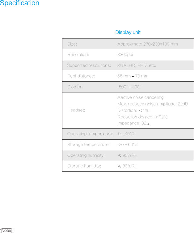 SpecificationBased on users&rsquo; using modes and actual environment, the specifications mentioned above may be slightly different. We will not give notices if the system specifications or appearance are changed. NotesDisplay unitSize:Resolution:Pupil distance:Diopter:Headset:Operating temperature:Storage temperature:Operating humidity:Storage humidity:Approximate 230x230x100 mm3300ppiSupported resolutions: XGA, HD, FHD, etc.56 mm    70 mm-500&deg;  200&deg;Aactive noise cancellingMax. reduced noise amplitude: 22dBDistortion:     1%Reduction degree:     92%Impedance: 320    45&deg;-20    60&deg;90%RH90%RHCC
