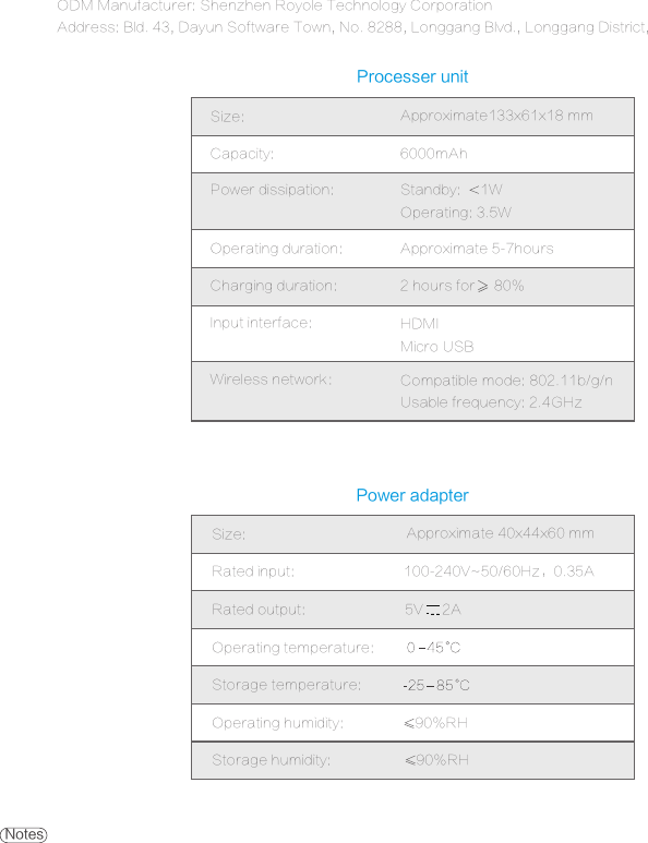 Based on users&rsquo; using modes and actual environment, the specifications mentioned above may be slightly different. We will not give notices if the system specifications or appearance are changed. NotesPower adapterProcesser unitODM Manufacturer: Shenzhen Royole Technology CorporationAddress: Bld. 43, Dayun Software Town, No. 8288, Longgang Blvd., Longgang District, Shenzhen City.Size:Rated input:Rated output: Storage temperature: 100-240V~50/60Hz，0.35A5V     2AOperating humidity: Storage humidity: 90%RH90%RHApproximate 40x44x60 mm Operating temperature:  Size:Power dissipation: Operating duration:Charging duration:Input interface:Wireless network：Capacity:Approximate133x61x18 mmStandby:     1WOperating: 3.5WApproximate 5-7hours2 hours for     80%HDMIMicro USBCompatible mode: 802.11b/g/nUsable frequency: 2.4GHz6000mAh