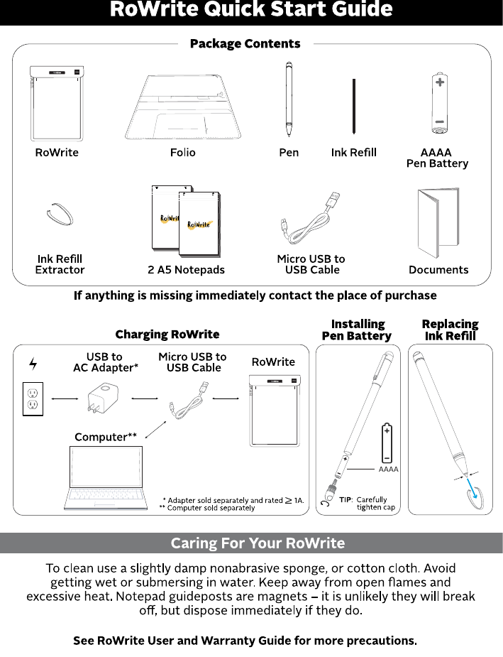 Page 1 of Royole RY0201 RoWrite Smart Writing Pad User Manual RoWrite QSG 10Mar2018 En P