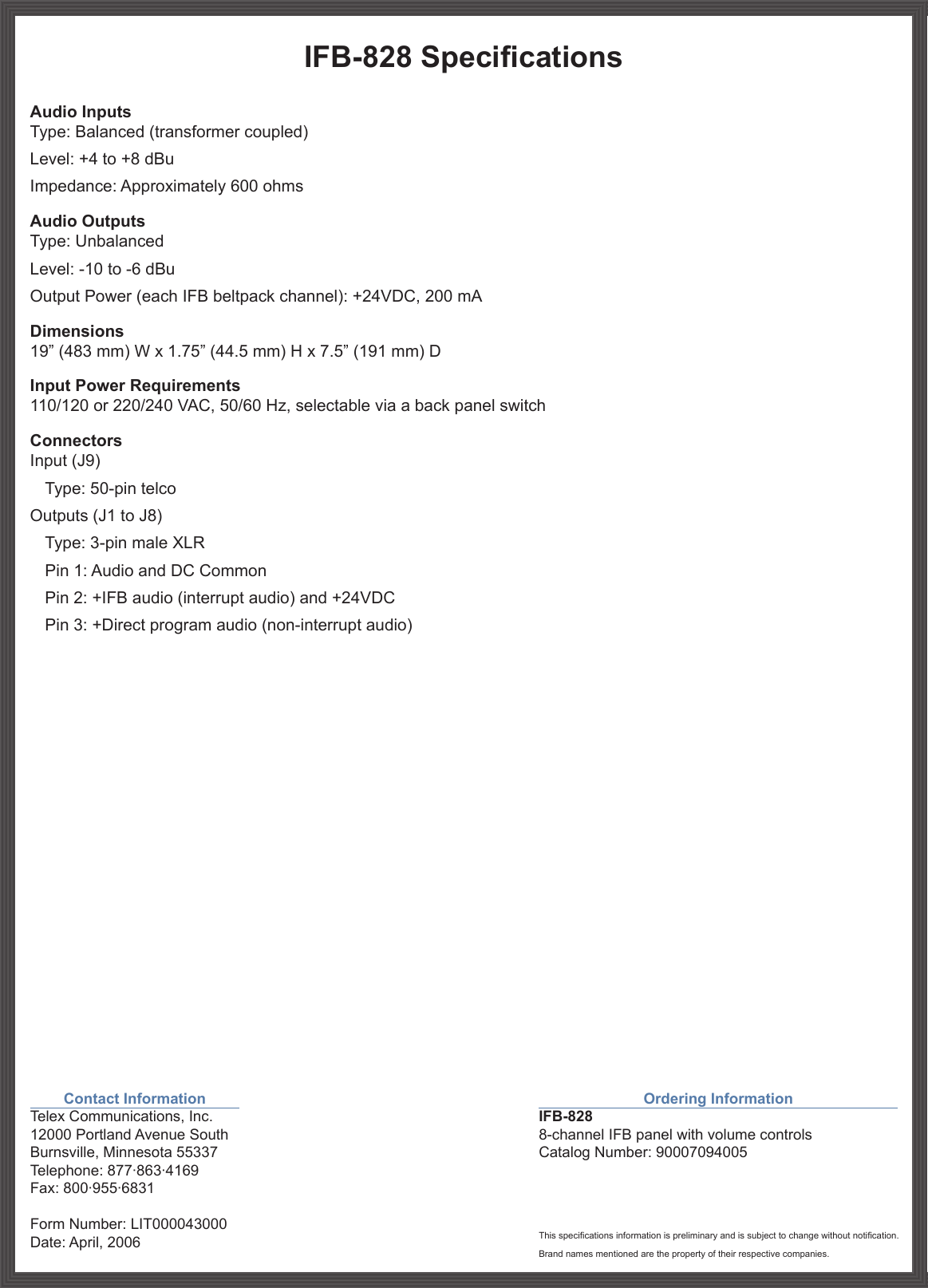 Page 2 of 2 - Rts Rts-Digital-Matrix-Intercom-Ifb-828-Users-Manual- Digital Matrix IFB-828 Technical Data Sheet  Rts-digital-matrix-intercom-ifb-828-users-manual