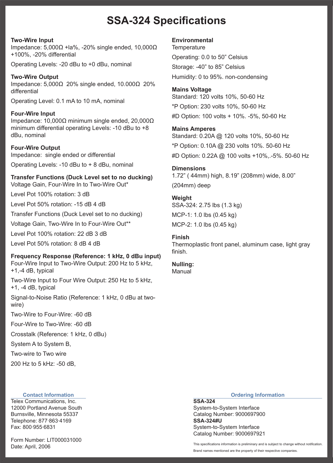 Page 2 of 2 - Rts Rts-Ssa-324-Users-Manual- Digital Matrix SSA-324 Technical Data Sheet  Rts-ssa-324-users-manual