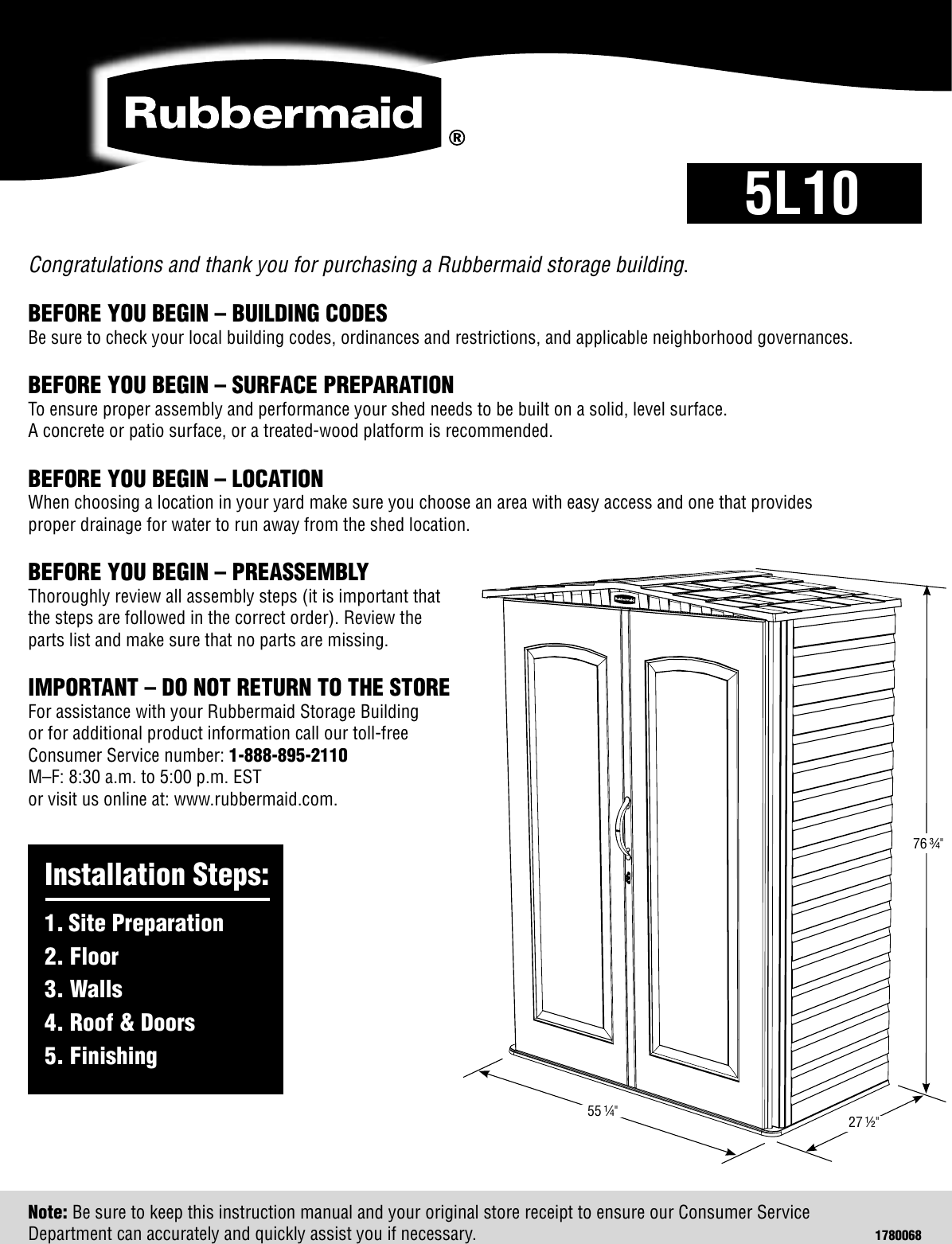 Page 1 of 12 - Rubbermaid Rubbermaid-Outdoor-Storage-5L10-Users-Manual- 5L10 Assembly Instructions English  Rubbermaid-outdoor-storage-5l10-users-manual