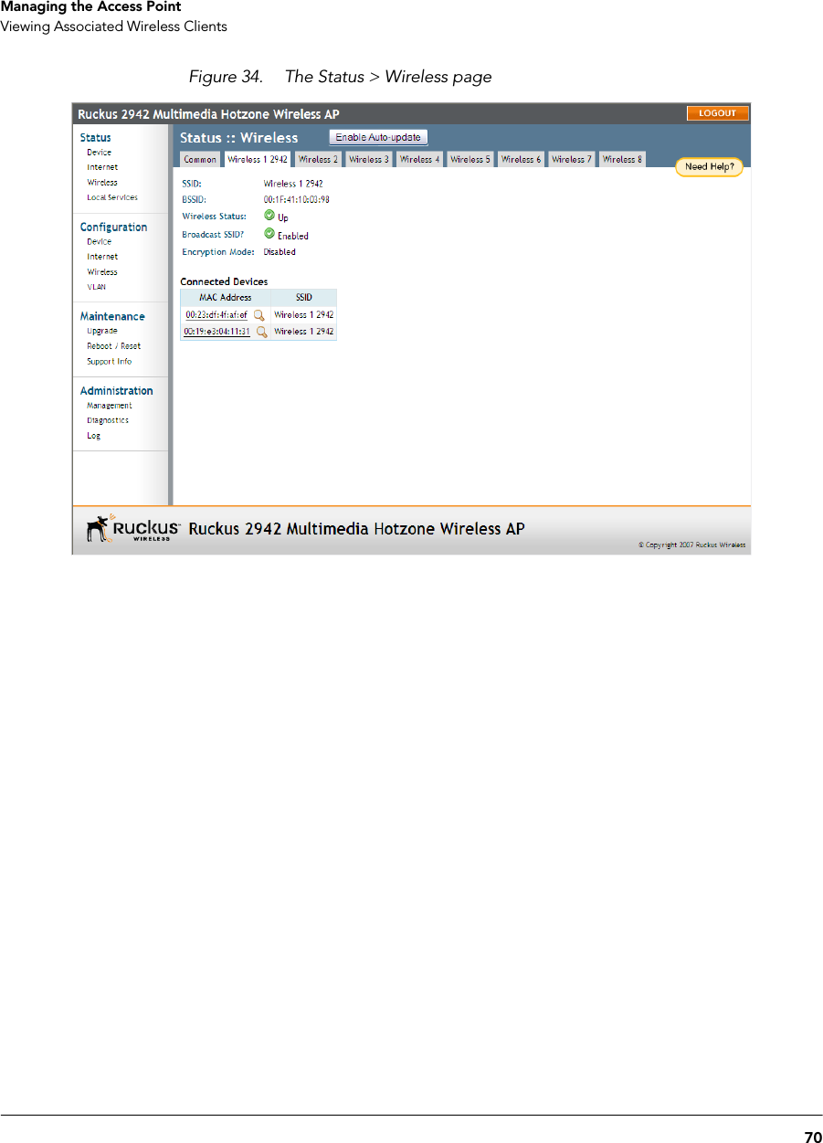 70Managing the Access PointViewing Associated Wireless ClientsFigure 34. The Status &gt; Wireless page