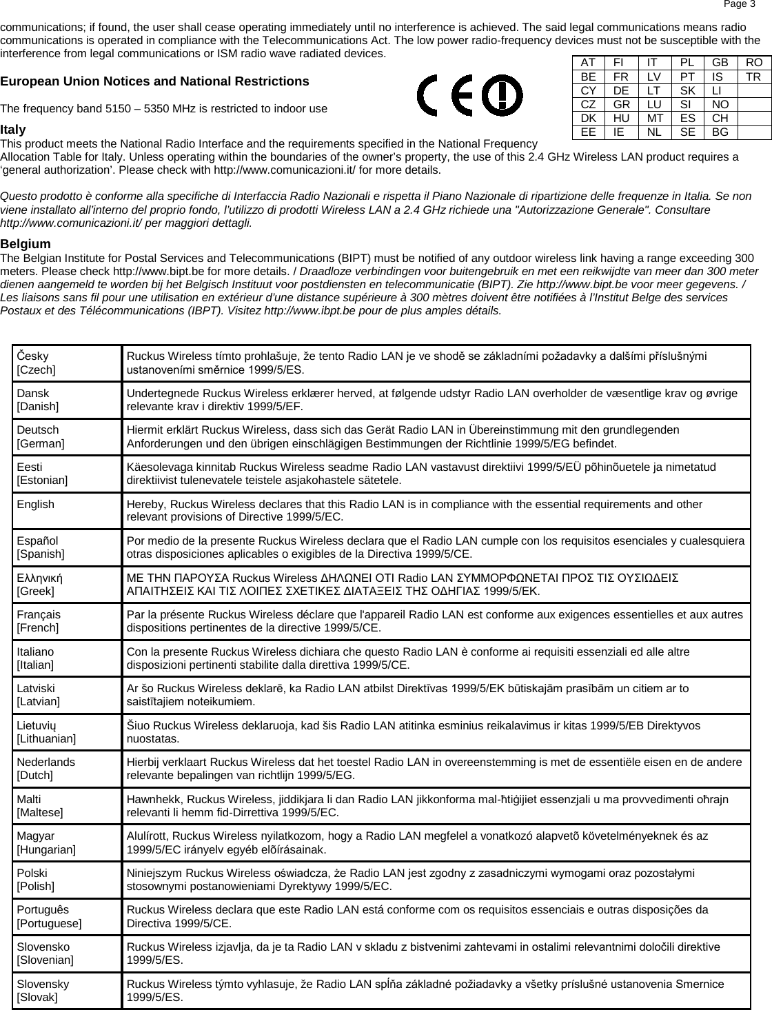    Page 3         communications; if found, the user shall cease operating immediately until no interference is achieved. The said legal communications means radio communications is operated in compliance with the Telecommunications Act. The low power radio-frequency devices must not be susceptible with the  interference from legal communications or ISM radio wave radiated devices.  European Union Notices and National Restrictions  The frequency band 5150 – 5350 MHz is restricted to indoor use Italy This product meets the National Radio Interface and the requirements specified in the National Frequency Allocation Table for Italy. Unless operating within the boundaries of the owner’s property, the use of this 2.4 GHz Wireless LAN product requires a ‘general authorization’. Please check with http://www.comunicazioni.it/ for more details.  Questo prodotto è conforme alla specifiche di Interfaccia Radio Nazionali e rispetta il Piano Nazionale di ripartizione delle frequenze in Italia. Se non viene installato all’interno del proprio fondo, l’utilizzo di prodotti Wireless LAN a 2.4 GHz richiede una &quot;Autorizzazione Generale&quot;. Consultare http://www.comunicazioni.it/ per maggiori dettagli. Belgium The Belgian Institute for Postal Services and Telecommunications (BIPT) must be notified of any outdoor wireless link having a range exceeding 300 meters. Please check http://www.bipt.be for more details. / Draadloze verbindingen voor buitengebruik en met een reikwijdte van meer dan 300 meter  dienen aangemeld te worden bij het Belgisch Instituut voor postdiensten en telecommunicatie (BIPT). Zie http://www.bipt.be voor meer gegevens. / Les liaisons sans fil pour une utilisation en extérieur d’une distance supérieure à 300 mètres doivent être notifiées à l’Institut Belge des services Postaux et des Télécommunications (IBPT). Visitez http://www.ibpt.be pour de plus amples détails.   Česky          [Czech] Ruckus Wireless tímto prohlašuje, že tento Radio LAN je ve shodě se základními požadavky a dalšími příslušnými ustanoveními směrnice 1999/5/ES. Dansk        [Danish] Undertegnede Ruckus Wireless erklærer herved, at følgende udstyr Radio LAN overholder de væsentlige krav og øvrige relevante krav i direktiv 1999/5/EF. Deutsch    [German] Hiermit erklärt Ruckus Wireless, dass sich das Gerät Radio LAN in Übereinstimmung mit den grundlegenden Anforderungen und den übrigen einschlägigen Bestimmungen der Richtlinie 1999/5/EG befindet. Eesti        [Estonian] Käesolevaga kinnitab Ruckus Wireless seadme Radio LAN vastavust direktiivi 1999/5/EÜ põhinõuetele ja nimetatud direktiivist tulenevatele teistele asjakohastele sätetele. English Hereby, Ruckus Wireless declares that this Radio LAN is in compliance with the essential requirements and other relevant provisions of Directive 1999/5/EC. Español    [Spanish] Por medio de la presente Ruckus Wireless declara que el Radio LAN cumple con los requisitos esenciales y cualesquiera otras disposiciones aplicables o exigibles de la Directiva 1999/5/CE. Ελληνική      [Greek] ΜΕ ΤΗΝ ΠΑΡΟΥΣΑ Ruckus Wireless ΔΗΛΩΝΕΙ ΟΤΙ Radio LAN ΣΥΜΜΟΡΦΩΝΕΤΑΙ ΠΡΟΣ ΤΙΣ ΟΥΣΙΩΔΕΙΣ ΑΠΑΙΤΗΣΕΙΣ ΚΑΙ ΤΙΣ ΛΟΙΠΕΣ ΣΧΕΤΙΚΕΣ ΔΙΑΤΑΞΕΙΣ ΤΗΣ ΟΔΗΓΙΑΣ 1999/5/ΕΚ. Français     [French] Par la présente Ruckus Wireless déclare que l&apos;appareil Radio LAN est conforme aux exigences essentielles et aux autres dispositions pertinentes de la directive 1999/5/CE. Italiano         [Italian] Con la presente Ruckus Wireless dichiara che questo Radio LAN è conforme ai requisiti essenziali ed alle altre disposizioni pertinenti stabilite dalla direttiva 1999/5/CE. Latviski      [Latvian] Ar šo Ruckus Wireless deklarē, ka Radio LAN atbilst Direktīvas 1999/5/EK būtiskajām prasībām un citiem ar to saistītajiem noteikumiem. Lietuvių [Lithuanian]  Šiuo Ruckus Wireless deklaruoja, kad šis Radio LAN atitinka esminius reikalavimus ir kitas 1999/5/EB Direktyvos nuostatas. Nederlands  [Dutch] Hierbij verklaart Ruckus Wireless dat het toestel Radio LAN in overeenstemming is met de essentiële eisen en de andere relevante bepalingen van richtlijn 1999/5/EG. Malti          [Maltese] Hawnhekk, Ruckus Wireless, jiddikjara li dan Radio LAN jikkonforma mal-ħtiġijiet essenzjali u ma provvedimenti oħrajn relevanti li hemm fid-Dirrettiva 1999/5/EC. Magyar [Hungarian] Alulírott, Ruckus Wireless nyilatkozom, hogy a Radio LAN megfelel a vonatkozó alapvetõ követelményeknek és az 1999/5/EC irányelv egyéb elõírásainak. Polski          [Polish] Niniejszym Ruckus Wireless oświadcza, że Radio LAN jest zgodny z zasadniczymi wymogami oraz pozostałymi stosownymi postanowieniami Dyrektywy 1999/5/EC. Português [Portuguese] Ruckus Wireless declara que este Radio LAN está conforme com os requisitos essenciais e outras disposições da Directiva 1999/5/CE. Slovensko [Slovenian] Ruckus Wireless izjavlja, da je ta Radio LAN v skladu z bistvenimi zahtevami in ostalimi relevantnimi določili direktive 1999/5/ES. Slovensky   [Slovak] Ruckus Wireless týmto vyhlasuje, že Radio LAN spĺňa základné požiadavky a všetky príslušné ustanovenia Smernice 1999/5/ES. AT FI IT PL GB RO BE FR LV PT IS TR CY DE LT SK LI  CZ GR LU SI NO  DK HU MT ES CH  EE IE NL SE BG  