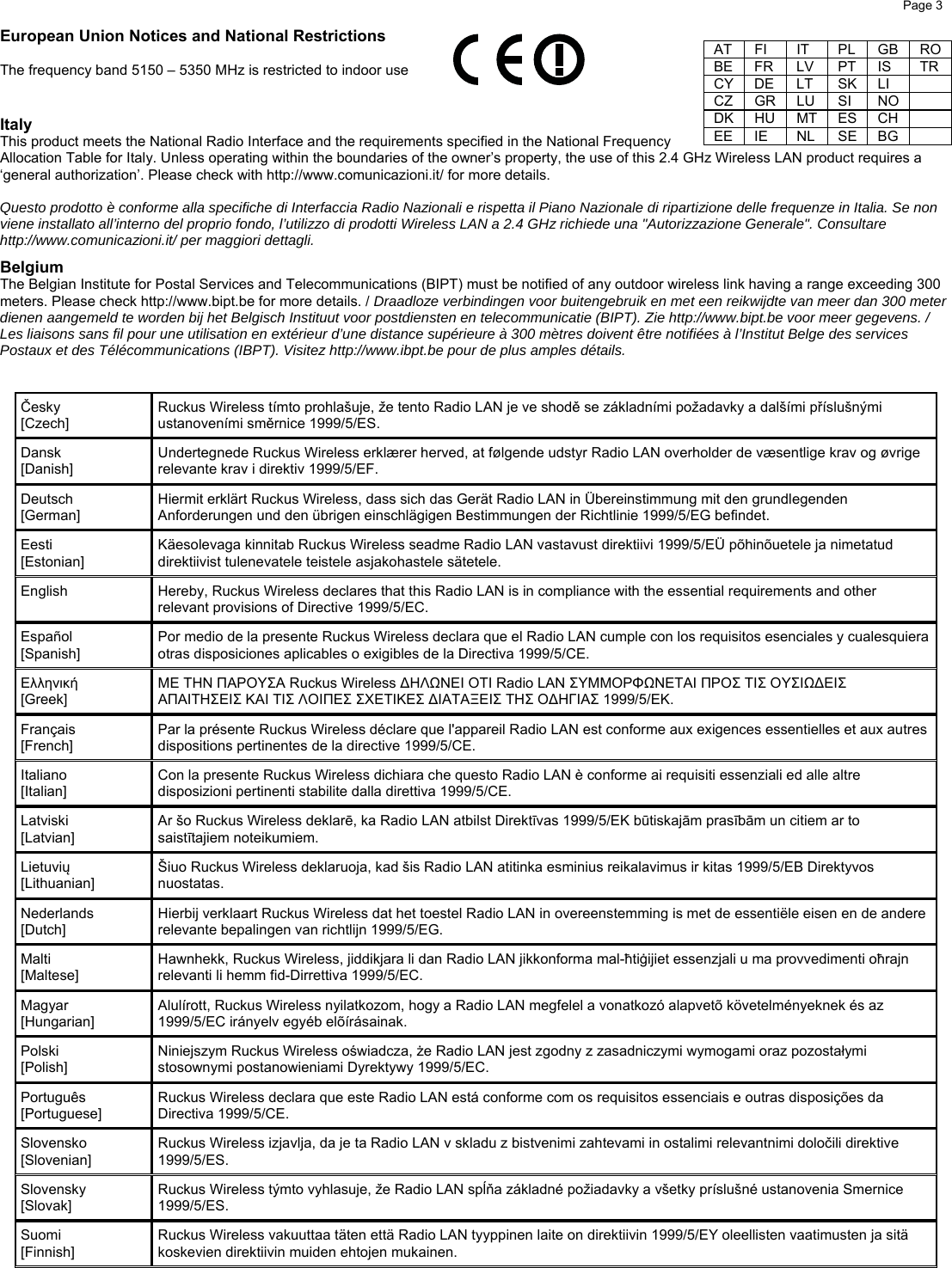     Page 3      European Union Notices and National Restrictions  The frequency band 5150 – 5350 MHz is restricted to indoor use  Italy This product meets the National Radio Interface and the requirements specified in the National Frequency Allocation Table for Italy. Unless operating within the boundaries of the owner’s property, the use of this 2.4 GHz Wireless LAN product requires a ‘general authorization’. Please check with http://www.comunicazioni.it/ for more details.  Questo prodotto è conforme alla specifiche di Interfaccia Radio Nazionali e rispetta il Piano Nazionale di ripartizione delle frequenze in Italia. Se non viene installato all’interno del proprio fondo, l’utilizzo di prodotti Wireless LAN a 2.4 GHz richiede una &quot;Autorizzazione Generale&quot;. Consultare http://www.comunicazioni.it/ per maggiori dettagli. Belgium The Belgian Institute for Postal Services and Telecommunications (BIPT) must be notified of any outdoor wireless link having a range exceeding 300 meters. Please check http://www.bipt.be for more details. / Draadloze verbindingen voor buitengebruik en met een reikwijdte van meer dan 300 meter  dienen aangemeld te worden bij het Belgisch Instituut voor postdiensten en telecommunicatie (BIPT). Zie http://www.bipt.be voor meer gegevens. / Les liaisons sans fil pour une utilisation en extérieur d’une distance supérieure à 300 mètres doivent être notifiées à l’Institut Belge des services Postaux et des Télécommunications (IBPT). Visitez http://www.ibpt.be pour de plus amples détails.   Česky          [Czech] Ruckus Wireless tímto prohlašuje, že tento Radio LAN je ve shodě se základními požadavky a dalšími příslušnými ustanoveními směrnice 1999/5/ES. Dansk        [Danish] Undertegnede Ruckus Wireless erklærer herved, at følgende udstyr Radio LAN overholder de væsentlige krav og øvrige relevante krav i direktiv 1999/5/EF. Deutsch    [German] Hiermit erklärt Ruckus Wireless, dass sich das Gerät Radio LAN in Übereinstimmung mit den grundlegenden Anforderungen und den übrigen einschlägigen Bestimmungen der Richtlinie 1999/5/EG befindet. Eesti        [Estonian] Käesolevaga kinnitab Ruckus Wireless seadme Radio LAN vastavust direktiivi 1999/5/EÜ põhinõuetele ja nimetatud direktiivist tulenevatele teistele asjakohastele sätetele. English  Hereby, Ruckus Wireless declares that this Radio LAN is in compliance with the essential requirements and other relevant provisions of Directive 1999/5/EC. Español    [Spanish] Por medio de la presente Ruckus Wireless declara que el Radio LAN cumple con los requisitos esenciales y cualesquiera otras disposiciones aplicables o exigibles de la Directiva 1999/5/CE. Ελληνική      [Greek] ΜΕ ΤΗΝ ΠΑΡΟΥΣΑ Ruckus Wireless ΔΗΛΩΝΕΙ ΟΤΙ Radio LAN ΣΥΜΜΟΡΦΩΝΕΤΑΙ ΠΡΟΣ ΤΙΣ ΟΥΣΙΩΔΕΙΣ ΑΠΑΙΤΗΣΕΙΣ ΚΑΙ ΤΙΣ ΛΟΙΠΕΣ ΣΧΕΤΙΚΕΣ ΔΙΑΤΑΞΕΙΣ ΤΗΣ ΟΔΗΓΙΑΣ 1999/5/ΕΚ. Français     [French] Par la présente Ruckus Wireless déclare que l&apos;appareil Radio LAN est conforme aux exigences essentielles et aux autres dispositions pertinentes de la directive 1999/5/CE. Italiano         [Italian] Con la presente Ruckus Wireless dichiara che questo Radio LAN è conforme ai requisiti essenziali ed alle altre disposizioni pertinenti stabilite dalla direttiva 1999/5/CE. Latviski      [Latvian] Ar šo Ruckus Wireless deklarē, ka Radio LAN atbilst Direktīvas 1999/5/EK būtiskajām prasībām un citiem ar to saistītajiem noteikumiem. Lietuvių [Lithuanian]  Šiuo Ruckus Wireless deklaruoja, kad šis Radio LAN atitinka esminius reikalavimus ir kitas 1999/5/EB Direktyvos nuostatas. Nederlands  [Dutch] Hierbij verklaart Ruckus Wireless dat het toestel Radio LAN in overeenstemming is met de essentiële eisen en de andere relevante bepalingen van richtlijn 1999/5/EG. Malti          [Maltese] Hawnhekk, Ruckus Wireless, jiddikjara li dan Radio LAN jikkonforma mal-ħtiġijiet essenzjali u ma provvedimenti oħrajn relevanti li hemm fid-Dirrettiva 1999/5/EC. Magyar [Hungarian] Alulírott, Ruckus Wireless nyilatkozom, hogy a Radio LAN megfelel a vonatkozó alapvetõ követelményeknek és az 1999/5/EC irányelv egyéb elõírásainak. Polski          [Polish] Niniejszym Ruckus Wireless oświadcza, że Radio LAN jest zgodny z zasadniczymi wymogami oraz pozostałymi stosownymi postanowieniami Dyrektywy 1999/5/EC. Português [Portuguese] Ruckus Wireless declara que este Radio LAN está conforme com os requisitos essenciais e outras disposições da Directiva 1999/5/CE. Slovensko [Slovenian] Ruckus Wireless izjavlja, da je ta Radio LAN v skladu z bistvenimi zahtevami in ostalimi relevantnimi določili direktive 1999/5/ES. Slovensky   [Slovak] Ruckus Wireless týmto vyhlasuje, že Radio LAN spĺňa základné požiadavky a všetky príslušné ustanovenia Smernice 1999/5/ES. Suomi        [Finnish] Ruckus Wireless vakuuttaa täten että Radio LAN tyyppinen laite on direktiivin 1999/5/EY oleellisten vaatimusten ja sitä koskevien direktiivin muiden ehtojen mukainen. AT  FI  IT  PL  GB  RO BE  FR  LV  PT  IS  TR CY  DE  LT  SK  LI   CZ  GR  LU  SI  NO   DK  HU  MT  ES  CH   EE  IE  NL  SE  BG   