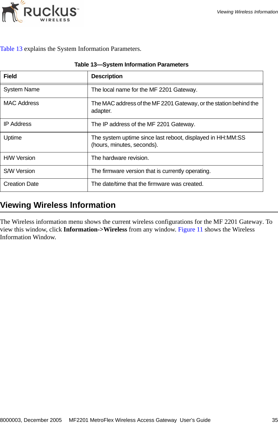 8000003, December 2005  MF2201 MetroFlex Wireless Access Gateway  User’s Guide 35Viewing Wireless InformationTable 13 explains the System Information Parameters.Viewing Wireless InformationThe Wireless information menu shows the current wireless configurations for the MF 2201 Gateway. To view this window, click Information-&gt;Wireless from any window. Figure 11 shows the Wireless Information Window.Table 13—System Information ParametersField DescriptionSystem Name The local name for the MF 2201 Gateway.MAC Address The MAC address of the MF 2201 Gateway, or the station behind the adapter.IP Address The IP address of the MF 2201 Gateway.Uptime The system uptime since last reboot, displayed in HH:MM:SS (hours, minutes, seconds).H/W Version The hardware revision.S/W Version The firmware version that is currently operating.Creation Date The date/time that the firmware was created.