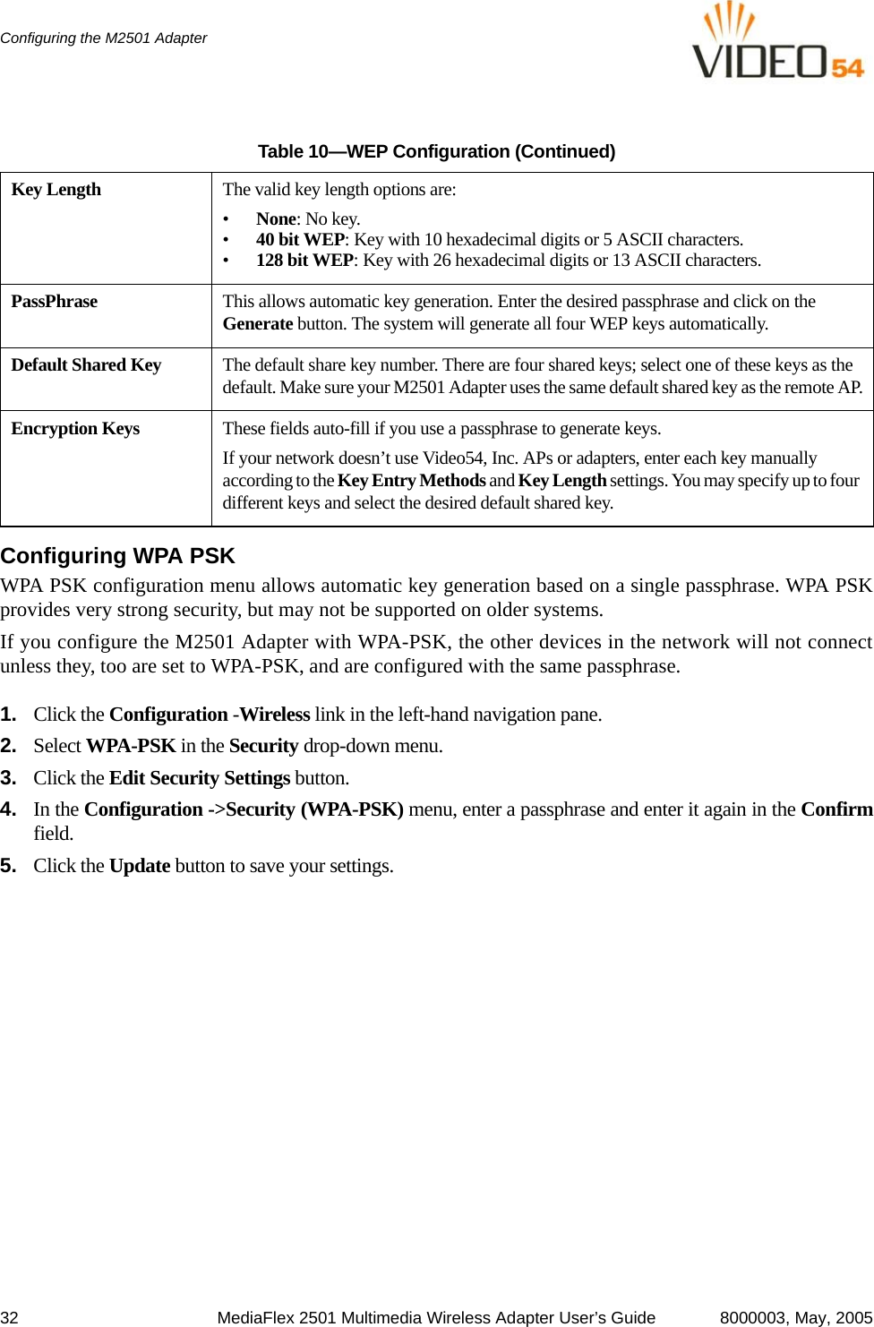 32 MediaFlex 2501 Multimedia Wireless Adapter User’s Guide 8000003, May, 2005Configuring the M2501 Adapter Configuring WPA PSK WPA PSK configuration menu allows automatic key generation based on a single passphrase. WPA PSKprovides very strong security, but may not be supported on older systems.If you configure the M2501 Adapter with WPA-PSK, the other devices in the network will not connectunless they, too are set to WPA-PSK, and are configured with the same passphrase.1. Click the Configuration -Wireless link in the left-hand navigation pane.2. Select WPA-PSK in the Security drop-down menu.3. Click the Edit Security Settings button.4. In the Configuration -&gt;Security (WPA-PSK) menu, enter a passphrase and enter it again in the Confirmfield. 5. Click the Update button to save your settings.Key Length The valid key length options are: •None: No key.•40 bit WEP: Key with 10 hexadecimal digits or 5 ASCII characters.•128 bit WEP: Key with 26 hexadecimal digits or 13 ASCII characters.PassPhrase This allows automatic key generation. Enter the desired passphrase and click on the Generate button. The system will generate all four WEP keys automatically.Default Shared Key The default share key number. There are four shared keys; select one of these keys as the default. Make sure your M2501 Adapter uses the same default shared key as the remote AP.Encryption Keys These fields auto-fill if you use a passphrase to generate keys. If your network doesn’t use Video54, Inc. APs or adapters, enter each key manually according to the Key Entry Methods and Key Length settings. You may specify up to four different keys and select the desired default shared key.Table 10—WEP Configuration (Continued)
