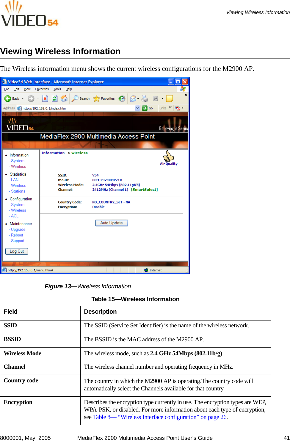 8000001, May, 2005 MediaFlex 2900 Multimedia Access Point User’s Guide 41Viewing Wireless InformationViewing Wireless InformationThe Wireless information menu shows the current wireless configurations for the M2900 AP.Figure 13—Wireless InformationTable 15—Wireless InformationField DescriptionSSID The SSID (Service Set Identifier) is the name of the wireless network. BSSID The BSSID is the MAC address of the M2900 AP.Wireless Mode The wireless mode, such as 2.4 GHz 54Mbps (802.11b/g)Channel The wireless channel number and operating frequency in MHz.Country code The country in which the M2900 AP is operating.The country code will automatically select the Channels available for that country.Encryption Describes the encryption type currently in use. The encryption types are WEP, WPA-PSK, or disabled. For more information about each type of encryption, see Table 8— “Wireless Interface configuration” on page 26.