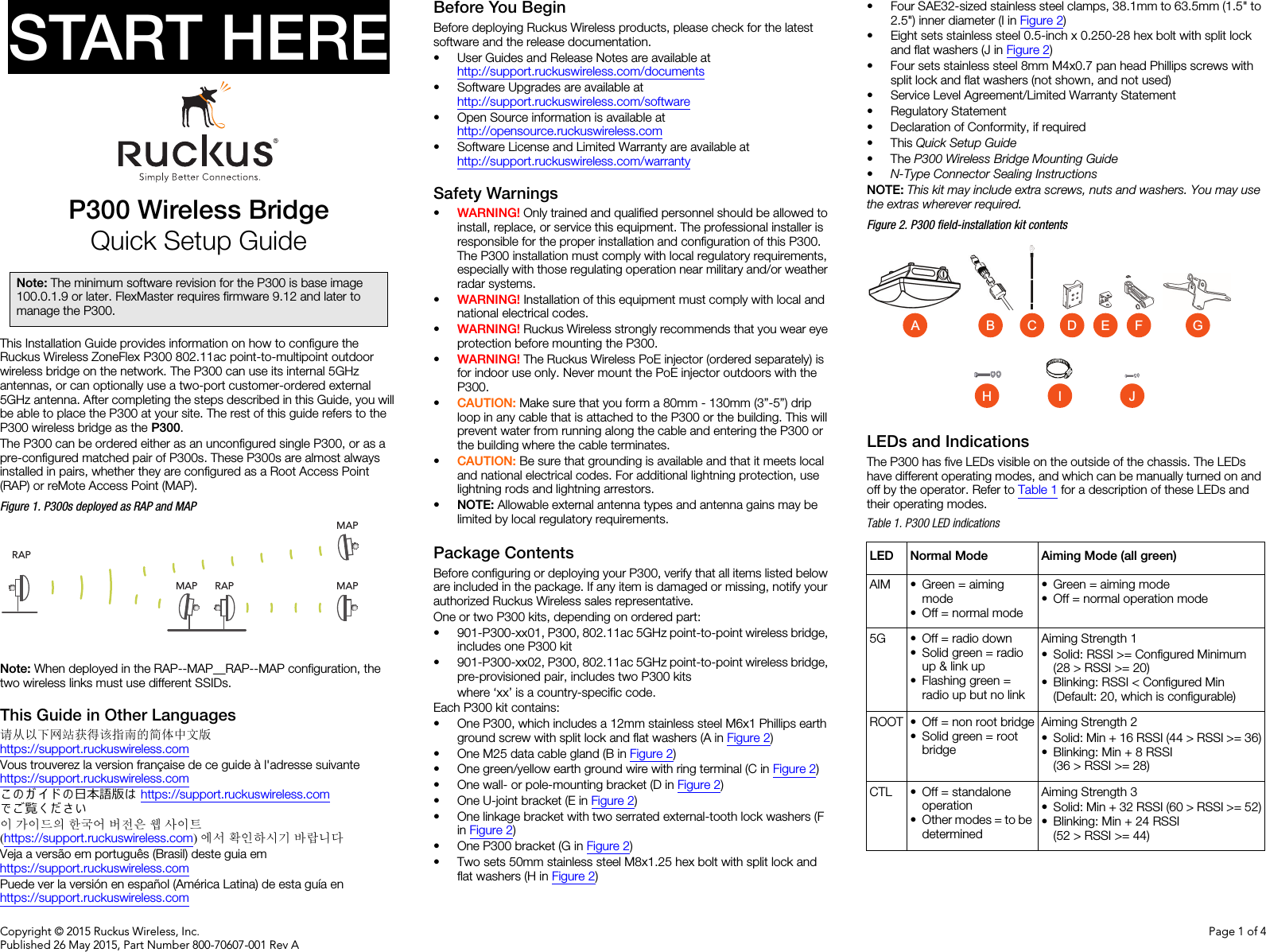 Copyright © 2015 Ruckus Wireless, Inc.Published 26 May 2015, Part Number 800-70607-001 Rev APage 1 of 4START HEREP300 Wireless BridgeQuick Setup GuideThis Installation Guide provides information on how to configure the Ruckus Wireless ZoneFlex P300 802.11ac point-to-multipoint outdoor wireless bridge on the network. The P300 can use its internal 5GHz antennas, or can optionally use a two-port customer-ordered external 5GHz antenna. After completing the steps described in this Guide, you will be able to place the P300 at your site. The rest of this guide refers to the P300 wireless bridge as the P300.The P300 can be ordered either as an unconfigured single P300, or as a pre-configured matched pair of P300s. These P300s are almost always installed in pairs, whether they are configured as a Root Access Point (RAP) or reMote Access Point (MAP).Figure 1. P300s deployed as RAP and MAPNote: When deployed in the RAP--MAP__RAP--MAP configuration, the two wireless links must use different SSIDs.This Guide in Other Languages请从以下网站获得该指南的简体中文版 https://support.ruckuswireless.comVous trouverez la version française de ce guide à l&apos;adresse suivante https://support.ruckuswireless.comこ の ガ イ ド の日本語版は https://support.ruckuswireless.com でご覧く ださい이 가이드의 한국어 버전은 웹 사이트(https://support.ruckuswireless.com)에서 확인하시기 바랍니다Veja a versão em português (Brasil) deste guia em https://support.ruckuswireless.comPuede ver la versión en español (América Latina) de esta guía en https://support.ruckuswireless.comBefore You BeginBefore deploying Ruckus Wireless products, please check for the latest software and the release documentation.• User Guides and Release Notes are available at http://support.ruckuswireless.com/documents• Software Upgrades are available athttp://support.ruckuswireless.com/software• Open Source information is available athttp://opensource.ruckuswireless.com• Software License and Limited Warranty are available at http://support.ruckuswireless.com/warrantySafety Warnings•WARNING! Only trained and qualified personnel should be allowed to install, replace, or service this equipment. The professional installer is responsible for the proper installation and configuration of this P300. The P300 installation must comply with local regulatory requirements, especially with those regulating operation near military and/or weather radar systems. •WARNING! Installation of this equipment must comply with local and national electrical codes. •WARNING! Ruckus Wireless strongly recommends that you wear eye protection before mounting the P300.•WARNING! The Ruckus Wireless PoE injector (ordered separately) is for indoor use only. Never mount the PoE injector outdoors with the P300.•CAUTION: Make sure that you form a 80mm - 130mm (3”-5”) drip loop in any cable that is attached to the P300 or the building. This will prevent water from running along the cable and entering the P300 or the building where the cable terminates. •CAUTION: Be sure that grounding is available and that it meets local and national electrical codes. For additional lightning protection, use lightning rods and lightning arrestors. •NOTE: Allowable external antenna types and antenna gains may be limited by local regulatory requirements.Package ContentsBefore configuring or deploying your P300, verify that all items listed below are included in the package. If any item is damaged or missing, notify your authorized Ruckus Wireless sales representative. One or two P300 kits, depending on ordered part: • 901-P300-xx01, P300, 802.11ac 5GHz point-to-point wireless bridge, includes one P300 kit• 901-P300-xx02, P300, 802.11ac 5GHz point-to-point wireless bridge, pre-provisioned pair, includes two P300 kitswhere ‘xx’ is a country-specific code.Each P300 kit contains:• One P300, which includes a 12mm stainless steel M6x1 Phillips earth ground screw with split lock and flat washers (A in Figure 2)• One M25 data cable gland (B in Figure 2)• One green/yellow earth ground wire with ring terminal (C in Figure 2)• One wall- or pole-mounting bracket (D in Figure 2)• One U-joint bracket (E in Figure 2)• One linkage bracket with two serrated external-tooth lock washers (F in Figure 2)• One P300 bracket (G in Figure 2)• Two sets 50mm stainless steel M8x1.25 hex bolt with split lock and flat washers (H in Figure 2)• Four SAE32-sized stainless steel clamps, 38.1mm to 63.5mm (1.5&quot; to 2.5&quot;) inner diameter (I in Figure 2)• Eight sets stainless steel 0.5-inch x 0.250-28 hex bolt with split lock and flat washers (J in Figure 2)• Four sets stainless steel 8mm M4x0.7 pan head Phillips screws with split lock and flat washers (not shown, and not used)• Service Level Agreement/Limited Warranty Statement• Regulatory Statement• Declaration of Conformity, if required• This Quick Setup Guide•The P300 Wireless Bridge Mounting Guide•N-Type Connector Sealing Instructions NOTE: This kit may include extra screws, nuts and washers. You may use the extras wherever required.Figure 2. P300 field-installation kit contentsLEDs and IndicationsThe P300 has five LEDs visible on the outside of the chassis. The LEDs have different operating modes, and which can be manually turned on and off by the operator. Refer to Table 1 for a description of these LEDs and their operating modes.Note: The minimum software revision for the P300 is base image 100.0.1.9 or later. FlexMaster requires firmware 9.12 and later to manage the P300.MAPMAPRAPRAP MAPTable 1. P300 LED indicationsLED Normal Mode Aiming Mode (all green)AIM • Green = aiming mode• Off = normal mode• Green = aiming mode• Off = normal operation mode5G • Off = radio down• Solid green = radio up &amp; link up• Flashing green = radio up but no linkAiming Strength 1• Solid: RSSI &gt;= Configured Minimum (28 &gt; RSSI &gt;= 20)• Blinking: RSSI &lt; Configured Min (Default: 20, which is configurable)ROOT • Off = non root bridge• Solid green = root bridgeAiming Strength 2• Solid: Min + 16 RSSI (44 &gt; RSSI &gt;= 36)• Blinking: Min + 8 RSSI (36 &gt; RSSI &gt;= 28)CTL • Off = standalone operation• Other modes = to be determinedAiming Strength 3• Solid: Min + 32 RSSI (60 &gt; RSSI &gt;= 52)• Blinking: Min + 24 RSSI (52 &gt; RSSI &gt;= 44)F GHEA CBDIJ