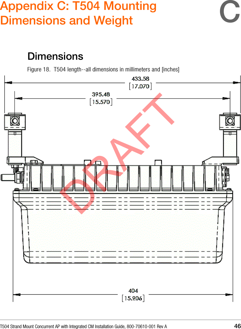 T504 Strand Mount Concurrent AP with Integrated CM Installation Guide, 800-70610-001 Rev A 46CAppendix C: T504 Mounting Dimensions and WeightDimensionsFigure 18.  T504 length--all dimensions in millimeters and [inches]DRAFT