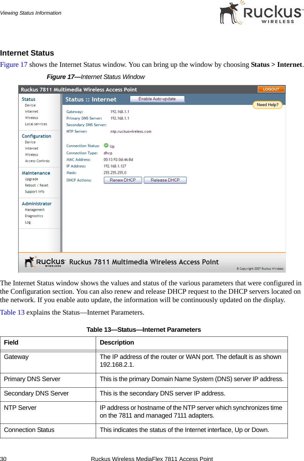30 Ruckus Wireless MediaFlex 7811 Access PointViewing Status InformationInternet StatusFigure 17 shows the Internet Status window. You can bring up the window by choosing Status &gt; Internet.Figure 17—Internet Status WindowThe Internet Status window shows the values and status of the various parameters that were configured in the Configuration section. You can also renew and release DHCP request to the DHCP servers located on the network. If you enable auto update, the information will be continuously updated on the display.Table 13 explains the Status—Internet Parameters.Table 13—Status—Internet ParametersField DescriptionGateway The IP address of the router or WAN port. The default is as shown 192.168.2.1.Primary DNS Server This is the primary Domain Name System (DNS) server IP address.Secondary DNS Server This is the secondary DNS server IP address.NTP Server IP address or hostname of the NTP server which synchronizes time on the 7811 and managed 7111 adapters.Connection Status This indicates the status of the Internet interface, Up or Down.