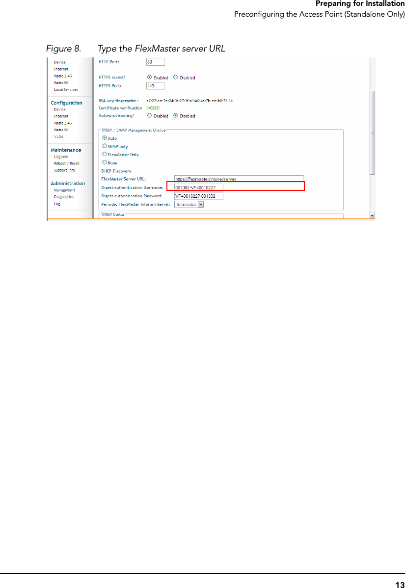 13Preparing for InstallationPreconfiguring the Access Point (Standalone Only)Figure 8. Type the FlexMaster server URL