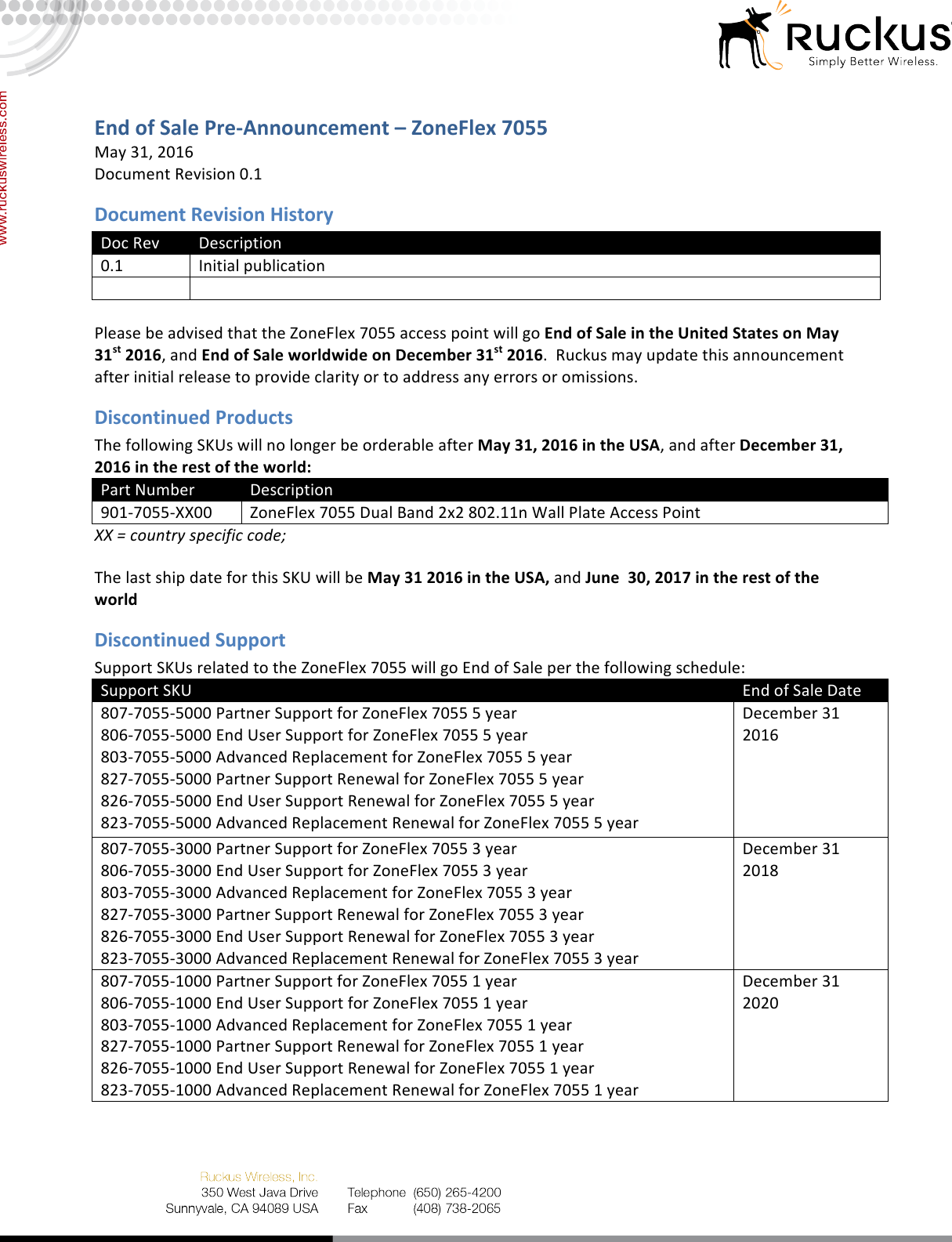 Page 1 of 2 - Ruckus - 7055_EOS_Pre-Announcement_v0.1__053116x Zone Flex ZF7055 End Of Life (Eo L) Notification 7055 EOS Pre-Announcement V0.1