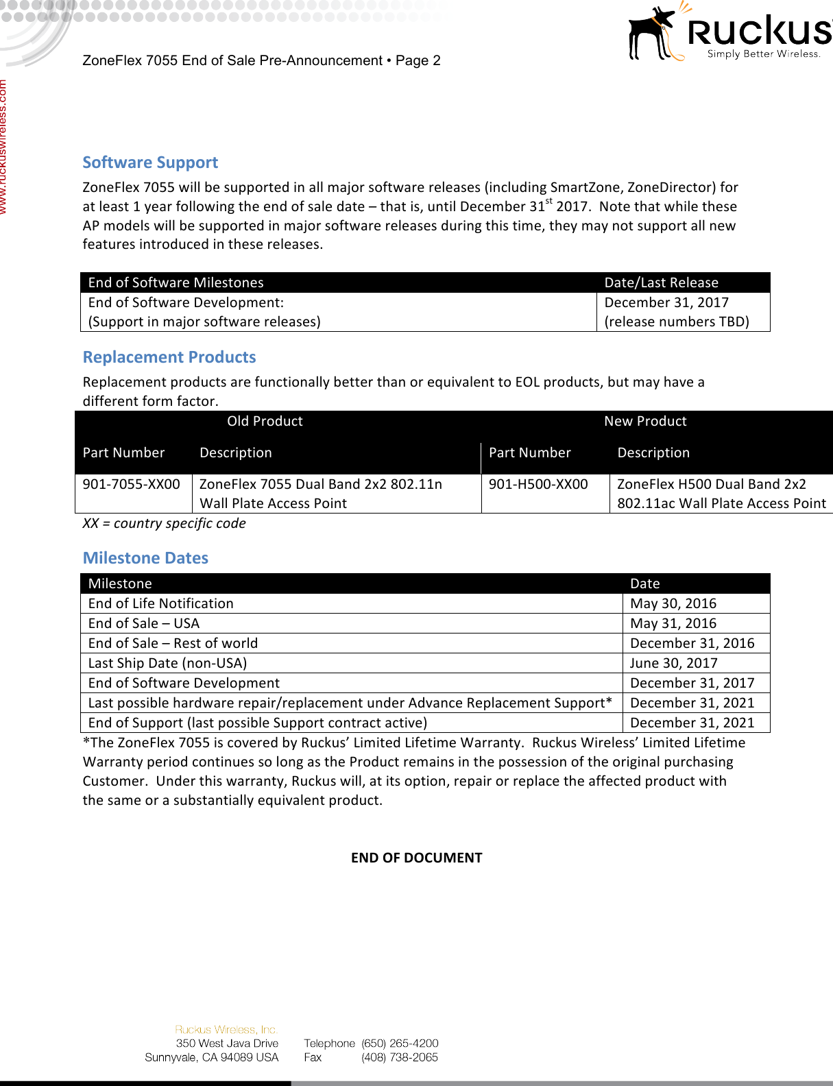 Page 2 of 2 - Ruckus - 7055_EOS_Pre-Announcement_v0.1__053116x Zone Flex ZF7055 End Of Life (Eo L) Notification 7055 EOS Pre-Announcement V0.1