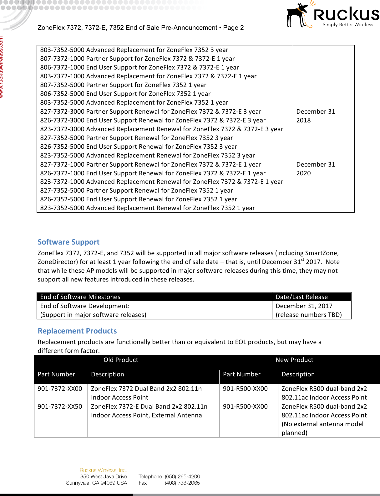 Page 2 of 3 - Ruckus - 7372_7352_EOS_Pre-Announcement_v0.1_x Zone Flex 7372 / 7372-E 7352 End Of Sales Pre-Announcement EOS V0.1