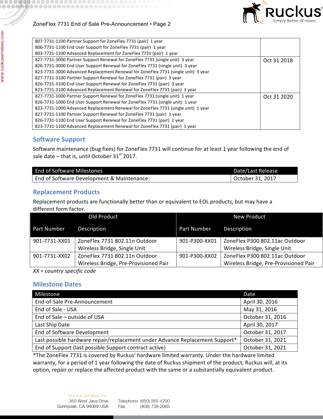Page 2 of 3 - Ruckus - 7731_EOS_Pre-Announcement_v0.1_042816x Zone Flex 7731 End Of Life Notification EOS Pre-Announcement V0.1