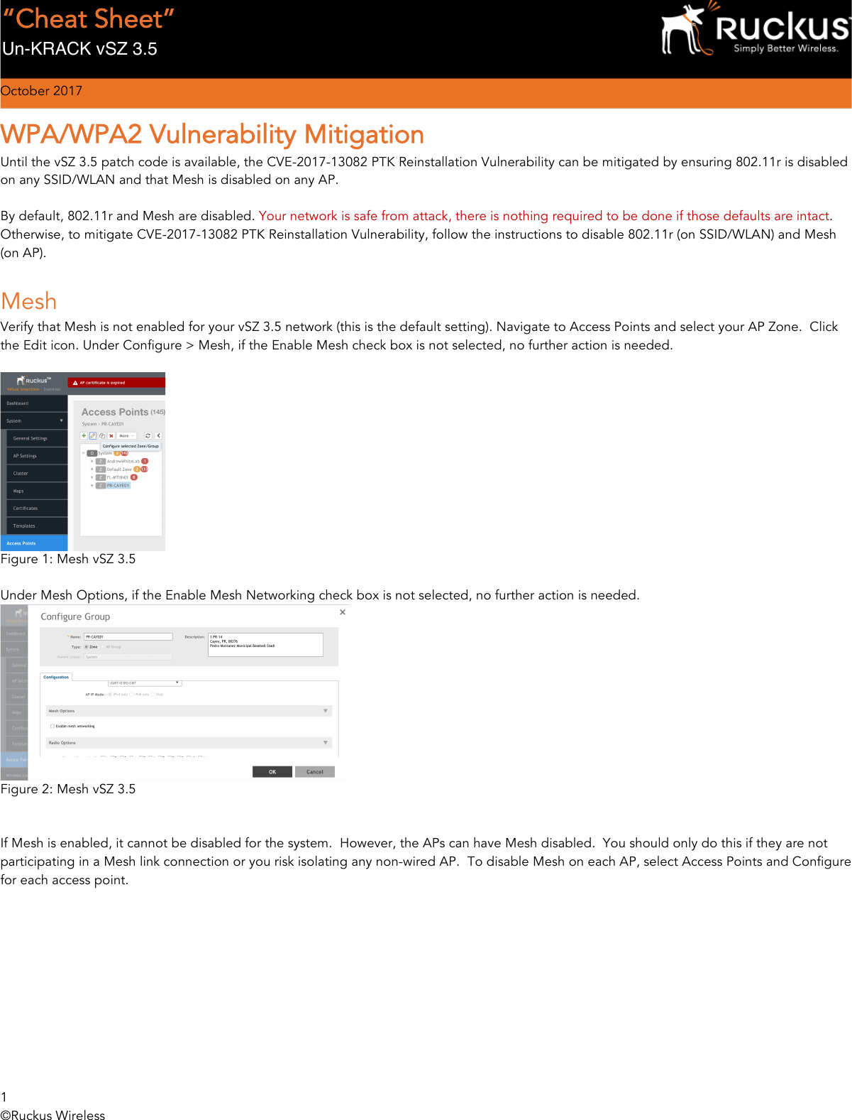 Page 1 of 2 - Ruckus CheatSheet_KRACK_vSZ 3.5 Smart Zone KRACK WPA/WPA2 Vulnerability Mitigation (v SZ-E / V SZ-H SZ-100) Cheat Sheet SZ