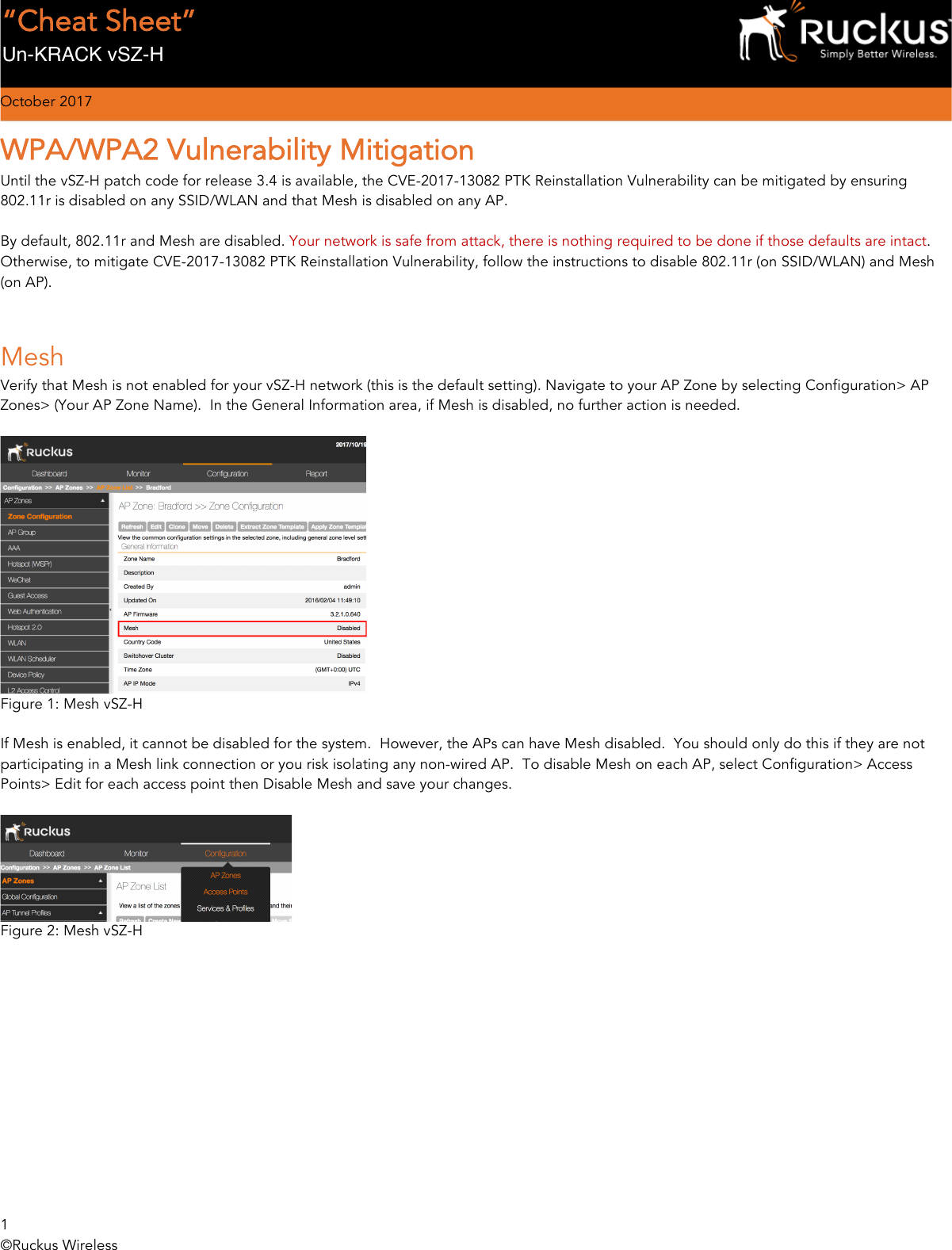 Page 1 of 2 - Ruckus CheatSheet_KRACK_vSZ-H Smart Zone 3.4 KRACK WPA/WPA2 Vulnerability Mitigation (v SZ-H / SCG200 SZ300) Cheat Sheet V