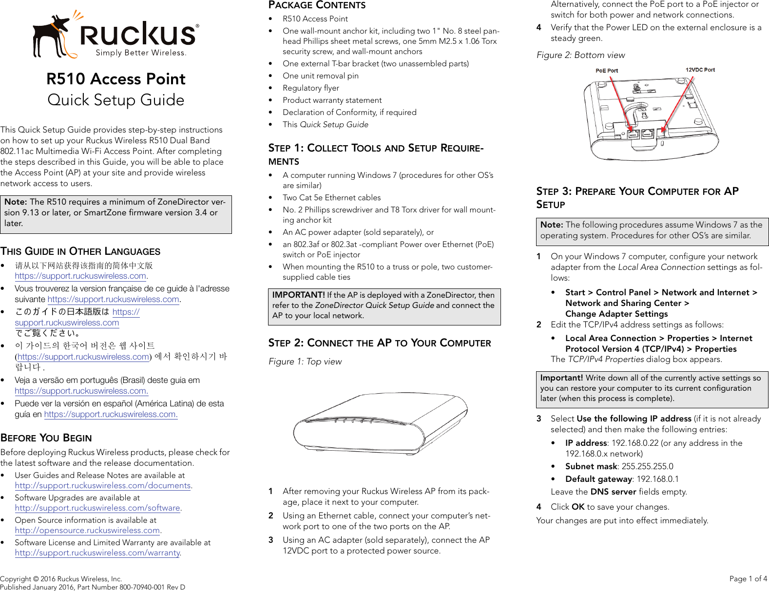 Page 1 of 4 - Ruckus  Wireless R510 Quick Setup Guide QSG - 800-70940-001 Rev D 20160128