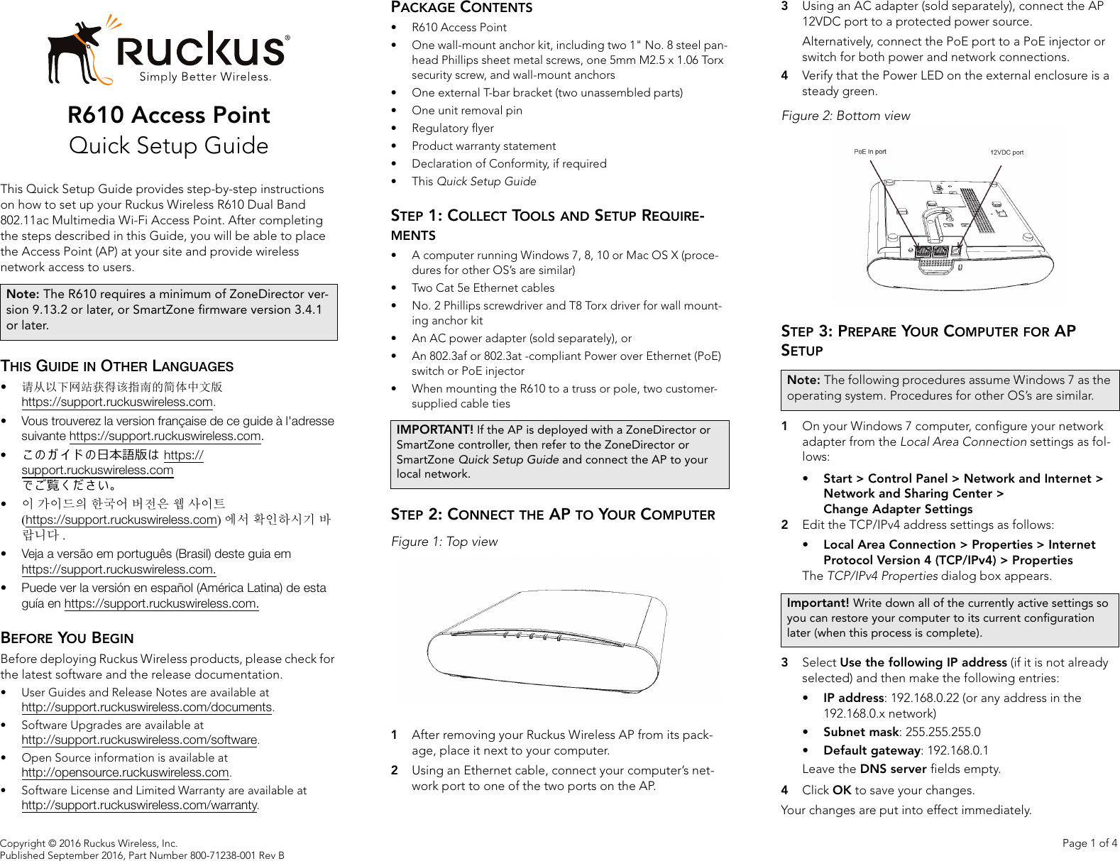 Page 1 of 4 - Ruckus R500 Quick Setup Guide R610 (QSG) R610-QSG