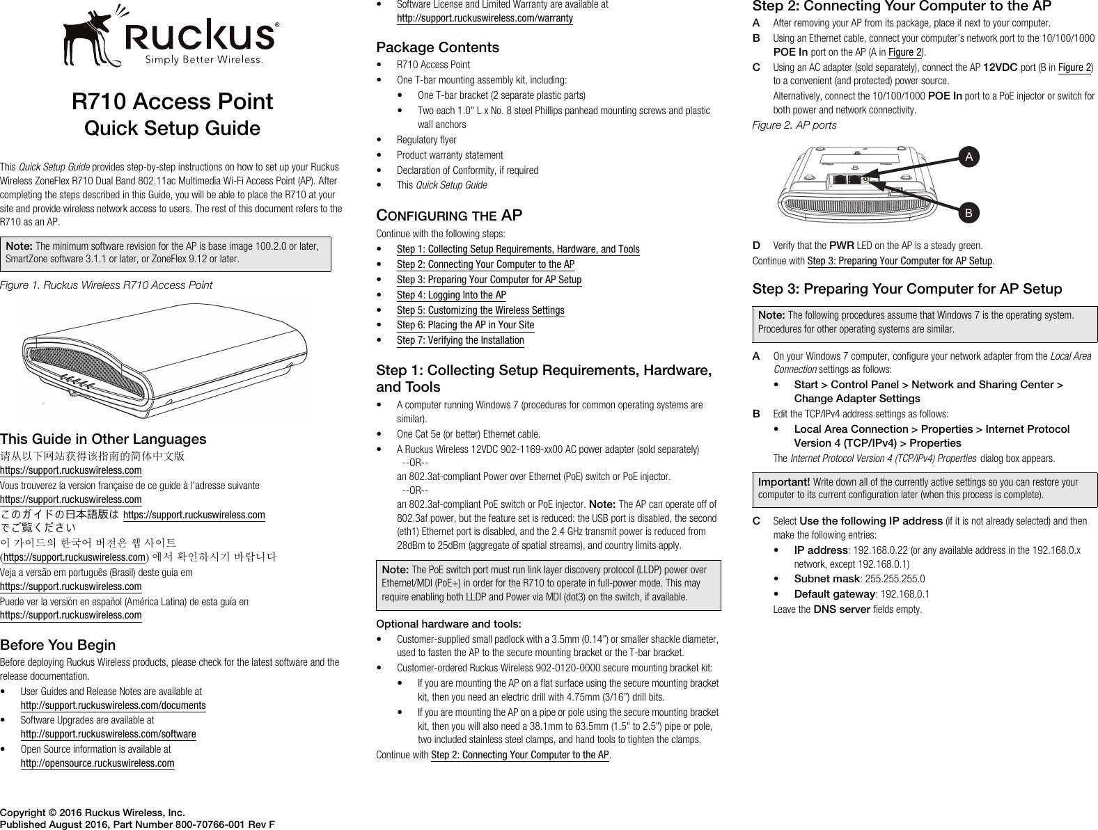 Page 1 of 4 - Ruckus R710 Access Point Quick Setup Guide Wireless R710-QSG-800-70766-001-Rev F-20160819-1
