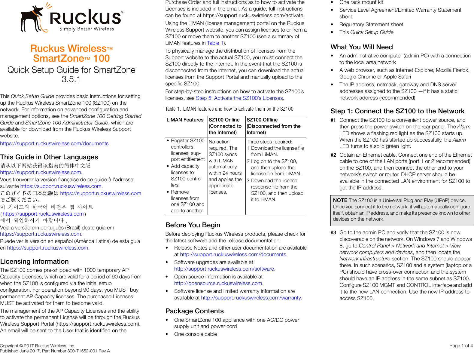Page 1 of 4 - Ruckus SmartZone™ 100 Quick Setup Guide For SmartZone 3.5.1 Smart Zone (MR1) (SZ100) Sz100-351-Quick Guide-20170616