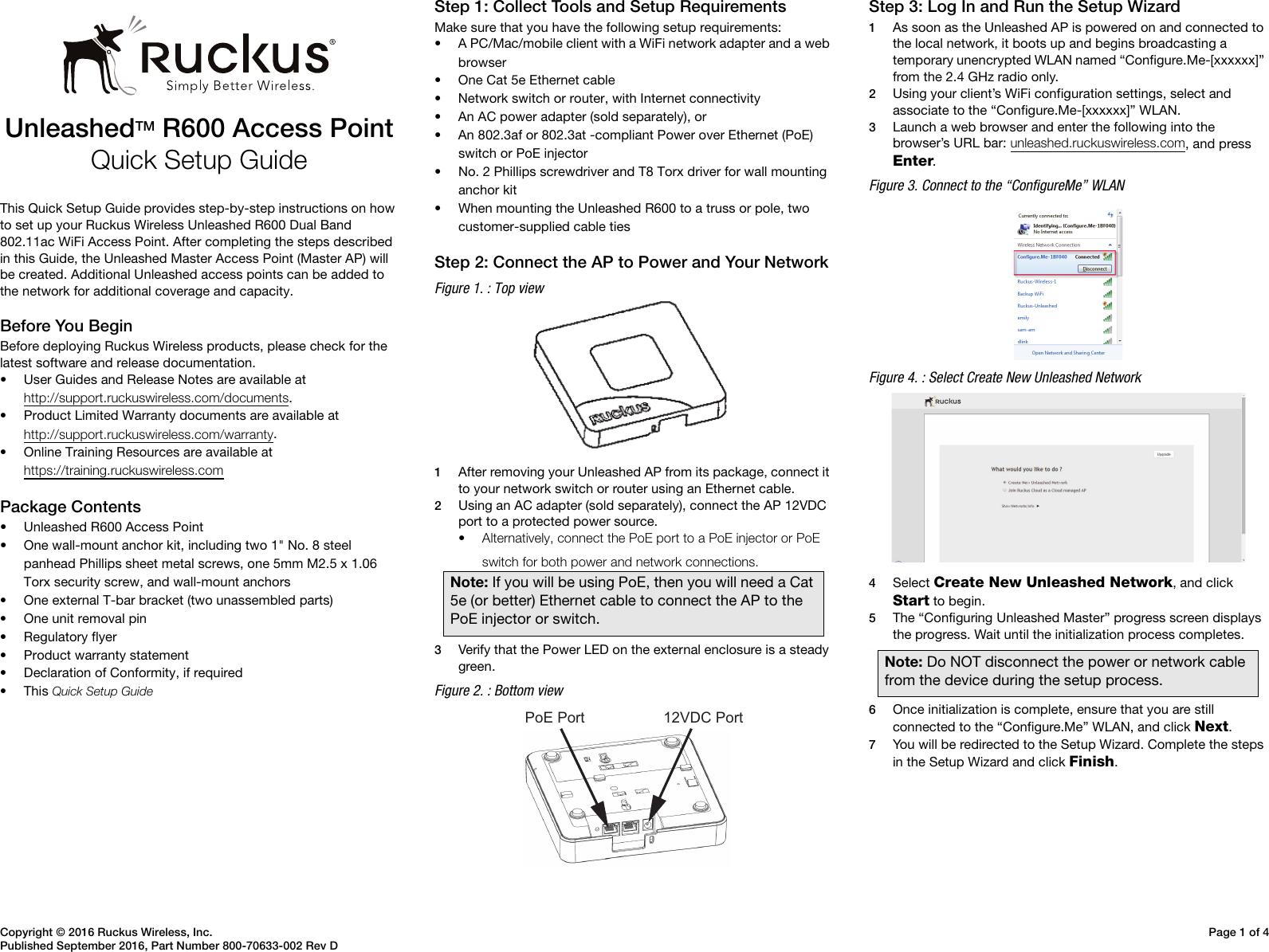 Page 1 of 4 - Ruckus ZoneFlex P300 Wireless Bridge Quick Setup Guide Unleashed 200.2 (GA) Start For R600 QSG - 800-70633-002 Rev D 20160913
