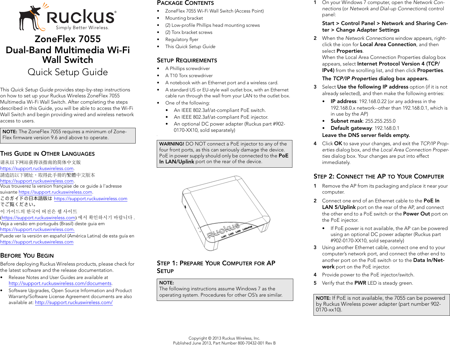 Page 1 of 2 - Ruckus Wireless AP ZF2942/7942 Quick Setup Guide Zone Flex ZF7055 7055 QSG - 800-70432-001 Rev B 20130614