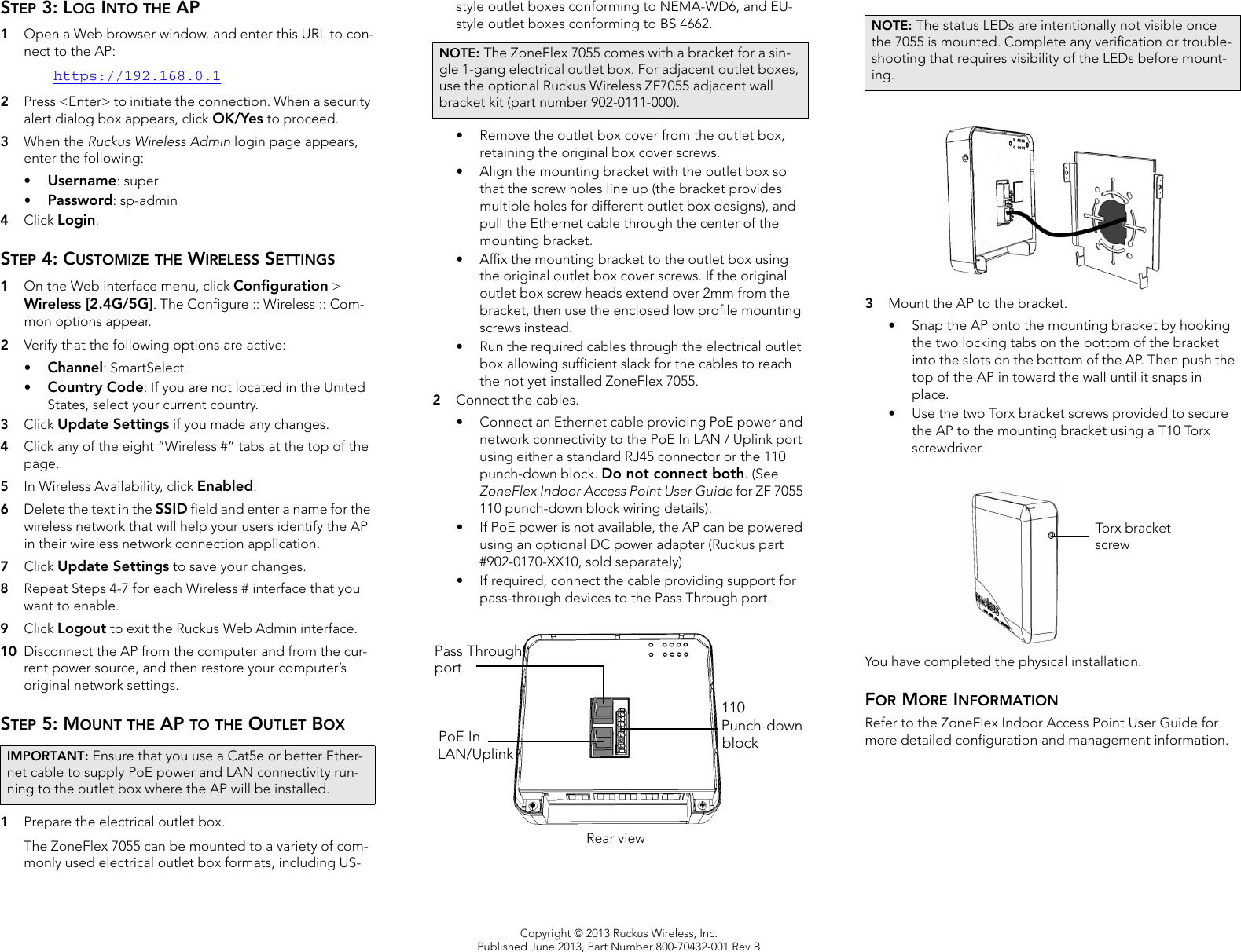 Page 2 of 2 - Ruckus Wireless AP ZF2942/7942 Quick Setup Guide Zone Flex ZF7055 7055 QSG - 800-70432-001 Rev B 20130614