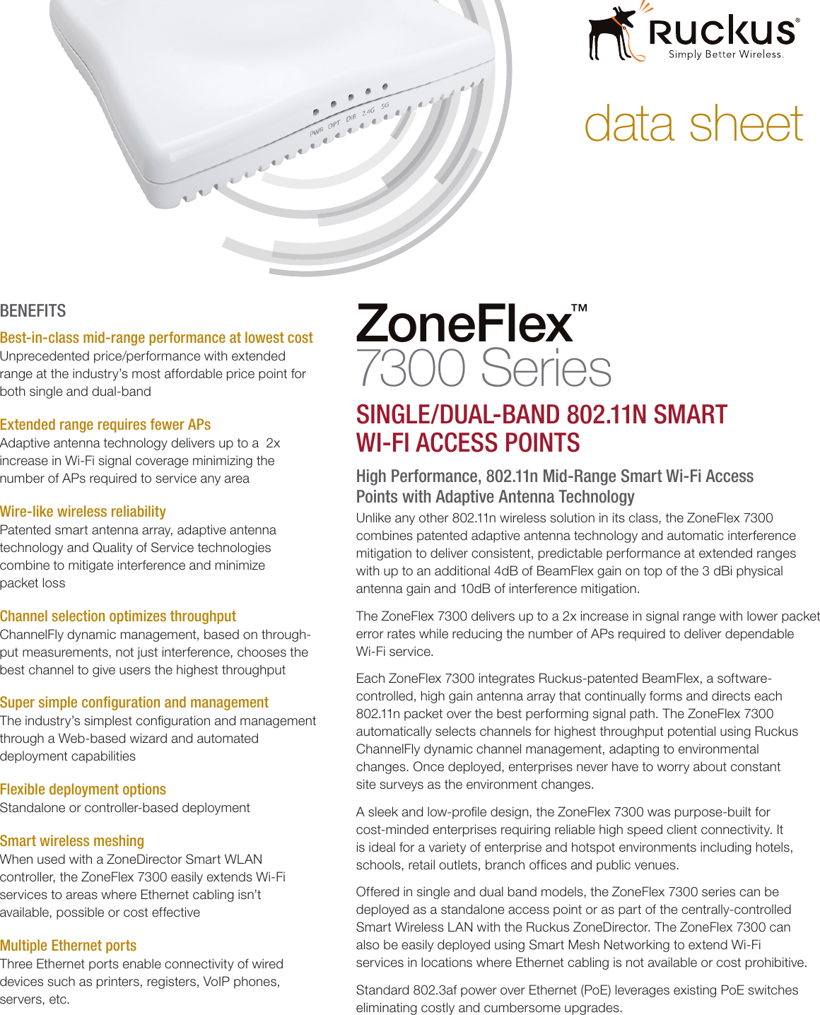 Page 1 of 5 - Ruckus  Zone Flex 7300 Series Single/Dual-band 802.11n Data Sheet Ds-zoneflex-7300-series