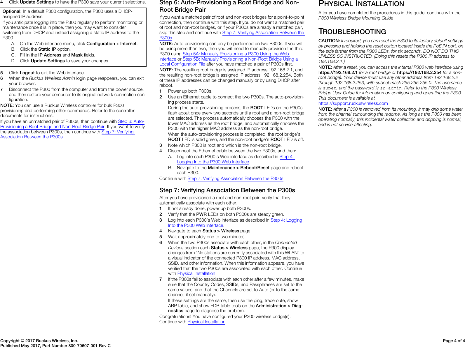 Page 4 of 4 - Ruckus ZoneFlex P300 Wireless Bridge Quick Setup Guide Zone Flex Pt Mt P 802.11ac P300-qsg-800-70607-001-rev C-20170515