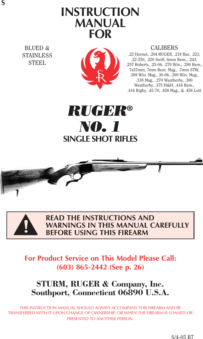 1997 R2 1 Single Shot Rifle Instruction Manual ORIGINAL 33 pages Ruger No 