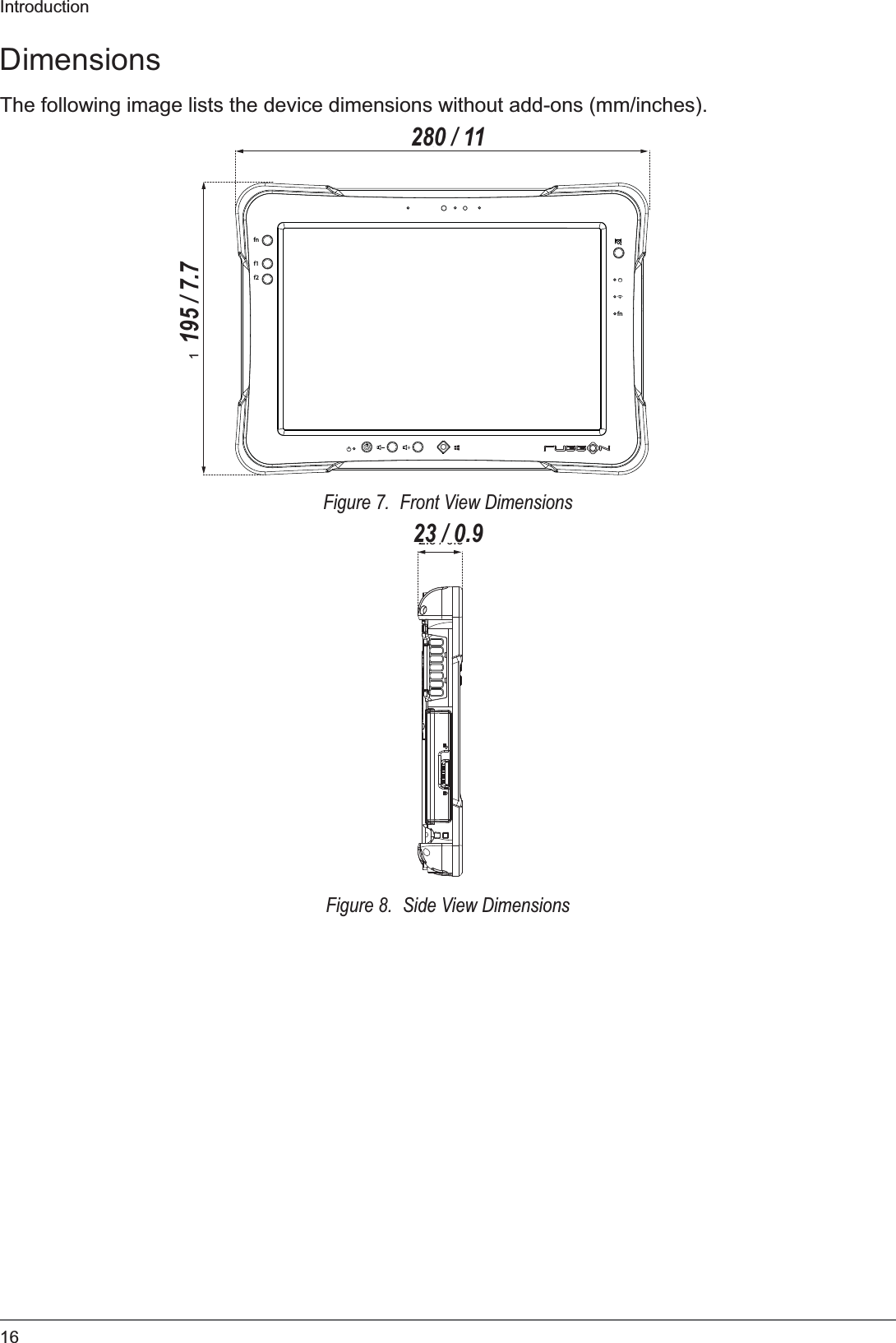16IntroductionDimensionsThe following image lists the device dimensions without add-ons (mm/inches).28 / 1119.5 / 7.7fnf1f2fn280 / 11195 / 7.7Figure 7.  Front View Dimensions2.3 / 0.923 / 0.9Figure 8.  Side View Dimensions
