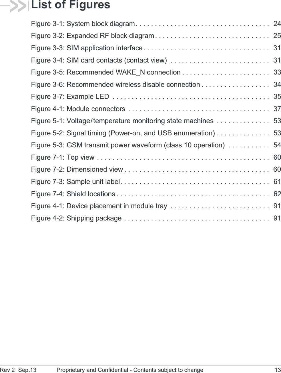 Rev 2  Sep.13 Proprietary and Confidential - Contents subject to change 13List of FiguresFigure 3-1: System block diagram. . . . . . . . . . . . . . . . . . . . . . . . . . . . . . . . . . .  24Figure 3-2: Expanded RF block diagram . . . . . . . . . . . . . . . . . . . . . . . . . . . . . .   25Figure 3-3: SIM application interface . . . . . . . . . . . . . . . . . . . . . . . . . . . . . . . . .   31Figure 3-4: SIM card contacts (contact view)  . . . . . . . . . . . . . . . . . . . . . . . . . .  31Figure 3-5: Recommended WAKE_N connection . . . . . . . . . . . . . . . . . . . . . . .  33Figure 3-6: Recommended wireless disable connection . . . . . . . . . . . . . . . . . .  34Figure 3-7: Example LED  . . . . . . . . . . . . . . . . . . . . . . . . . . . . . . . . . . . . . . . . .  35Figure 4-1: Module connectors  . . . . . . . . . . . . . . . . . . . . . . . . . . . . . . . . . . . . .  37Figure 5-1: Voltage / temperature monitoring state machines  . . . . . . . . . . . . . .  53Figure 5-2: Signal timing (Power-on, and USB enumeration) . . . . . . . . . . . . . .  53Figure 5-3: GSM transmit power waveform (class 10 operation)  . . . . . . . . . . .  54Figure 7-1: Top view . . . . . . . . . . . . . . . . . . . . . . . . . . . . . . . . . . . . . . . . . . . . .   60Figure 7-2: Dimensioned view . . . . . . . . . . . . . . . . . . . . . . . . . . . . . . . . . . . . . .  60Figure 7-3: Sample unit label. . . . . . . . . . . . . . . . . . . . . . . . . . . . . . . . . . . . . . .  61Figure 7-4: Shield locations . . . . . . . . . . . . . . . . . . . . . . . . . . . . . . . . . . . . . . . .  62Figure 4-1: Device placement in module tray  . . . . . . . . . . . . . . . . . . . . . . . . . .  91Figure 4-2: Shipping package . . . . . . . . . . . . . . . . . . . . . . . . . . . . . . . . . . . . . .  91