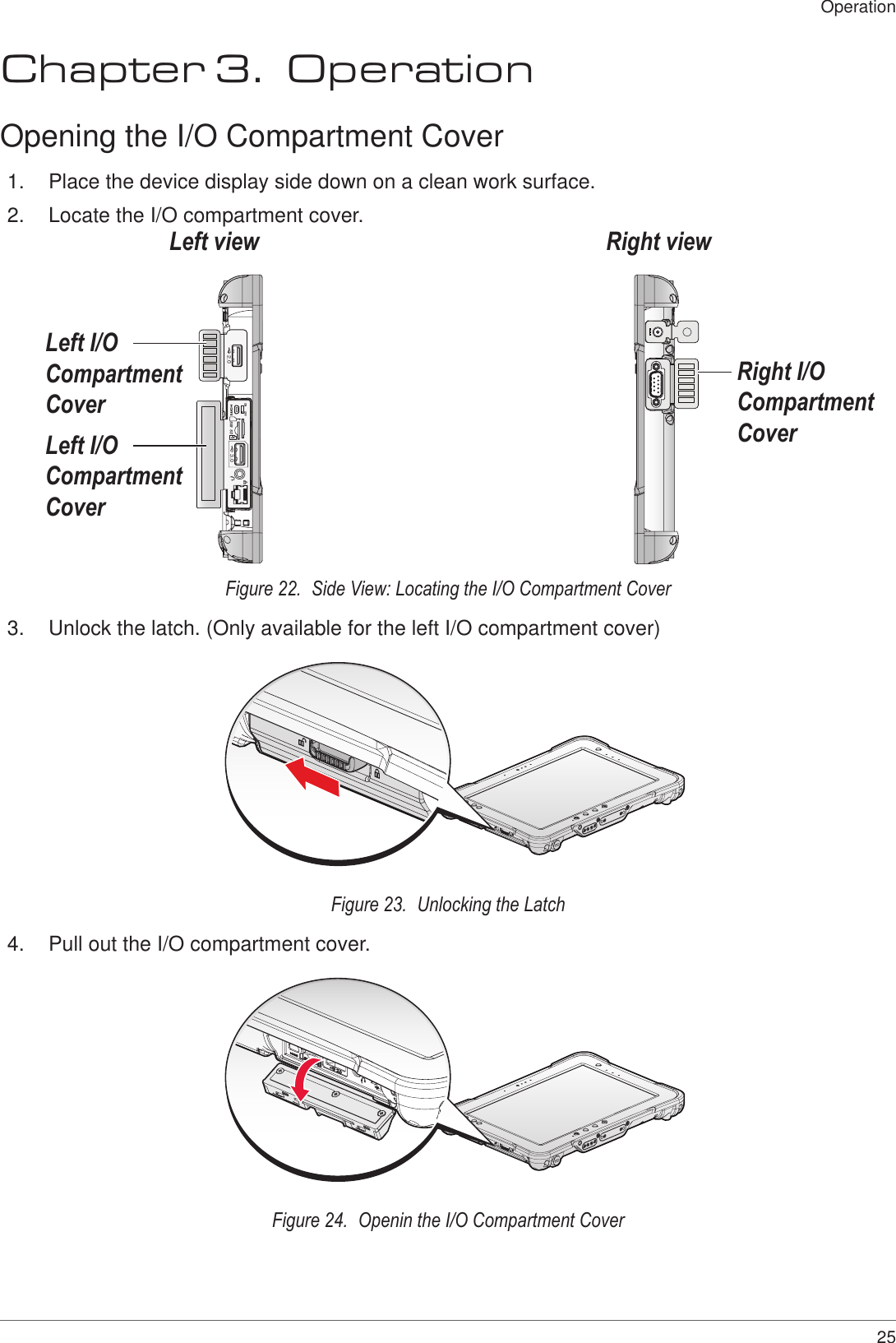 25OperationChapter 3.  OperationOpening the I/O Compartment Cover1.  Place the device display side down on a clean work surface.2.  Locate the I/O compartment cover.ON OFFSDSIM3.02.0Left I/O Compartment CoverLeft I/O Compartment CoverRight I/O Compartment CoverRight viewLeft viewFigure 22.  Side View: Locating the I/O Compartment Cover3.  Unlock the latch. (Only available for the left I/O compartment cover)Figure 23.  Unlocking the Latch4.  Pull out the I/O compartment cover.Figure 24.  Openin the I/O Compartment Cover