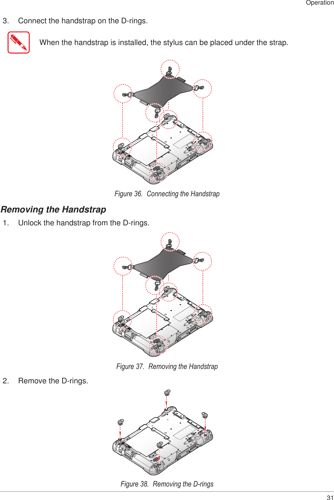 31Operation3.  Connect the handstrap on the D-rings.When the handstrap is installed, the stylus can be placed under the strap.Figure 36.  Connecting the HandstrapRemoving the Handstrap1.  Unlock the handstrap from the D-rings.Figure 37.  Removing the Handstrap2.  Remove the D-rings.Figure 38.  Removing the D-rings